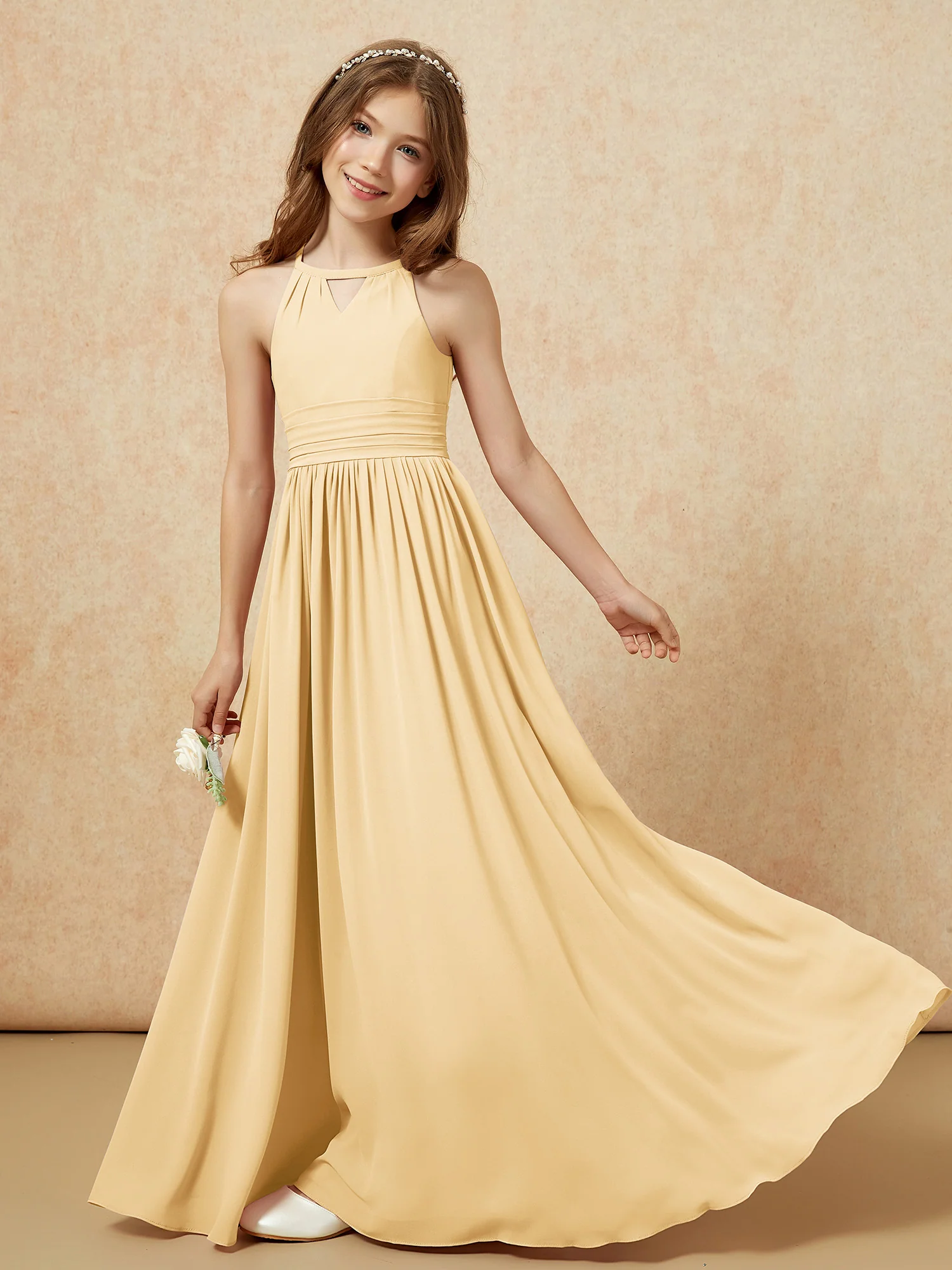 Halter Sleeveless Long Chiffon Junior Bridesmaid Dress Gold - Image 6