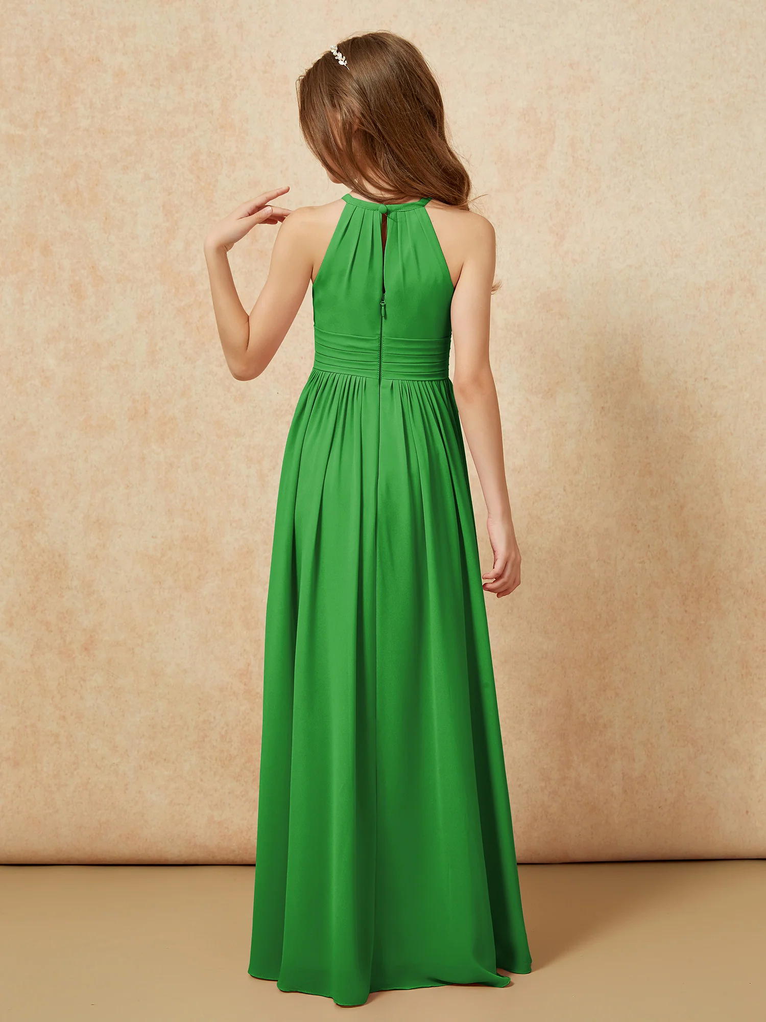 Halter Sleeveless Long Chiffon Junior Bridesmaid Dress Green - Image 2