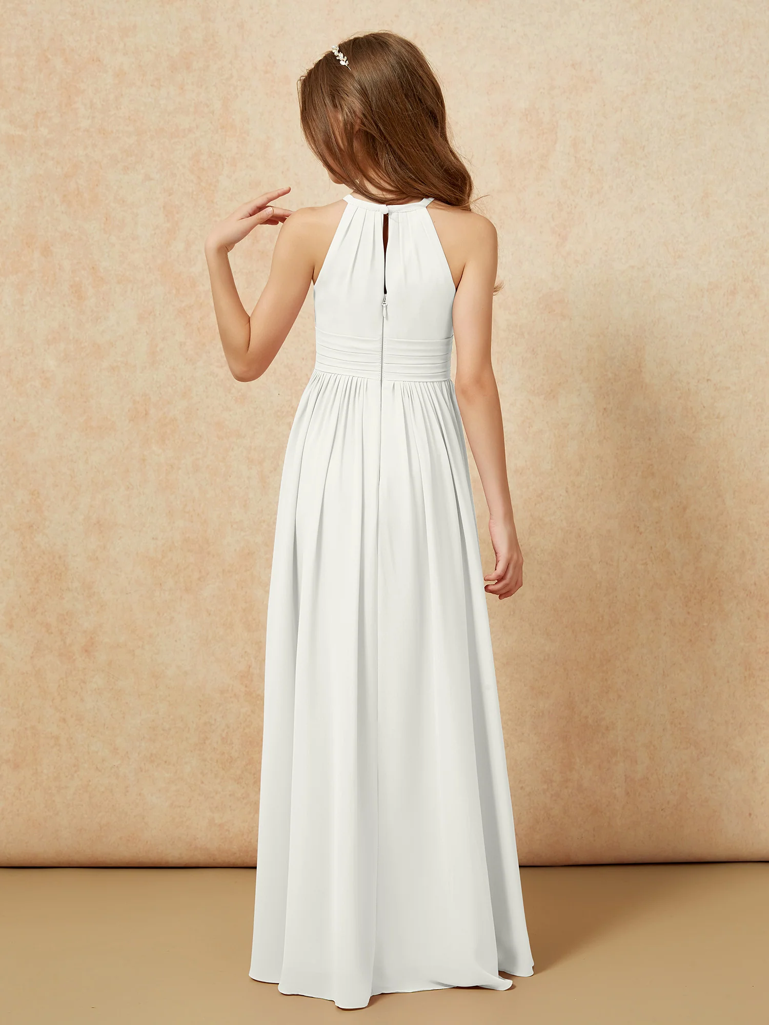 Halter Sleeveless Long Chiffon Junior Bridesmaid Dress Ivory - Image 2