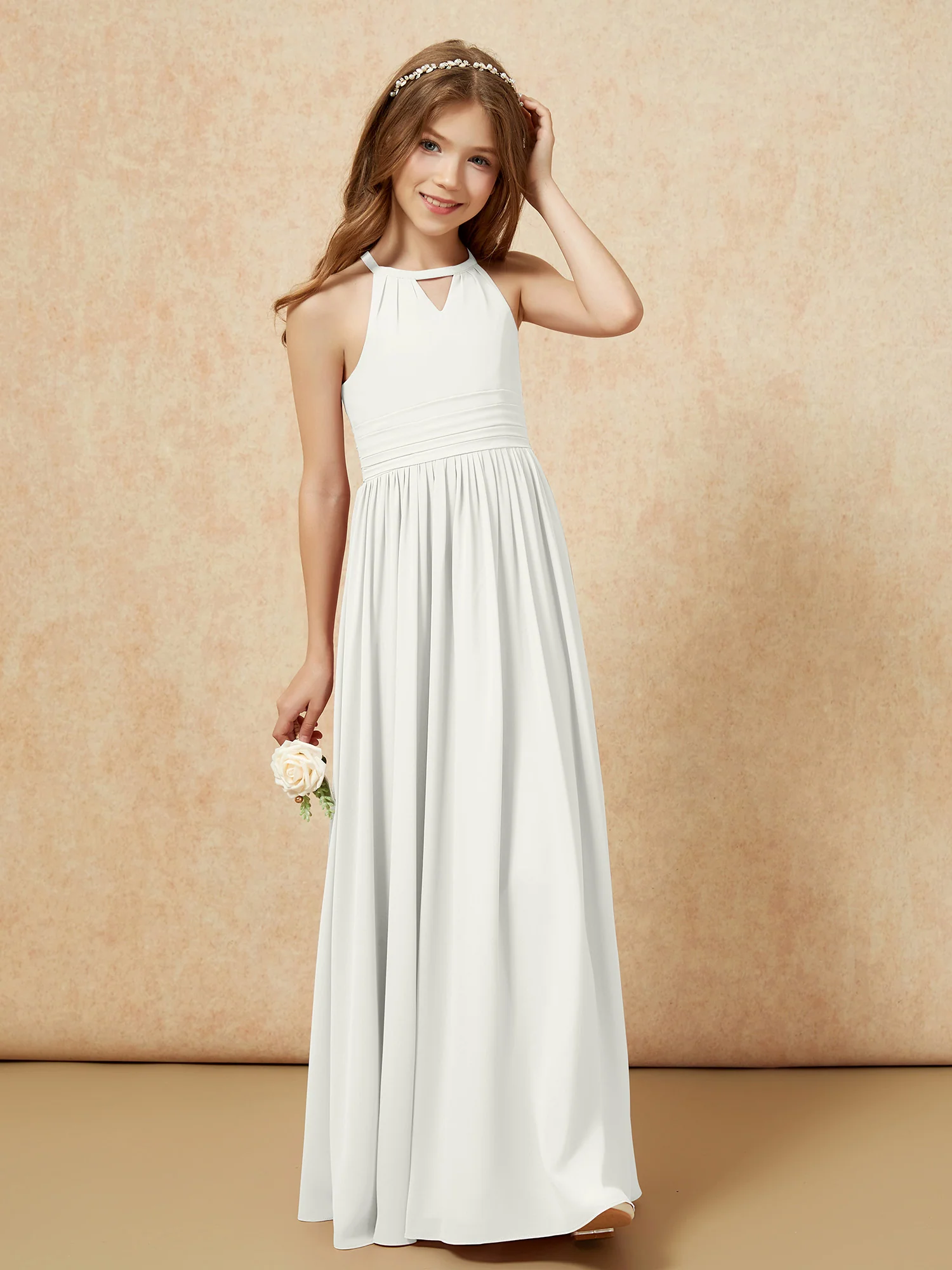 Halter Sleeveless Long Chiffon Junior Bridesmaid Dress Ivory - Image 4
