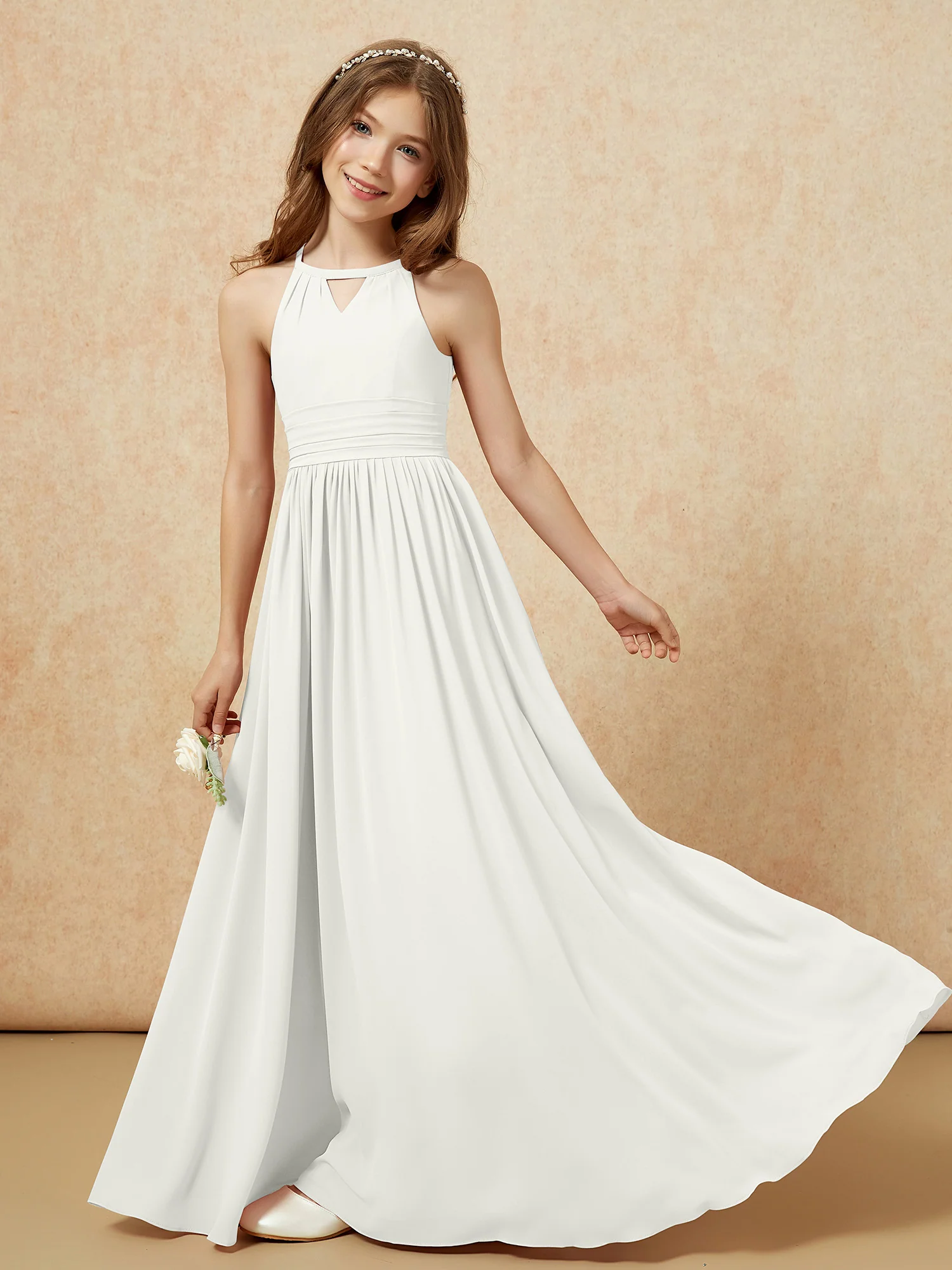 Halter Sleeveless Long Chiffon Junior Bridesmaid Dress Ivory - Image 6