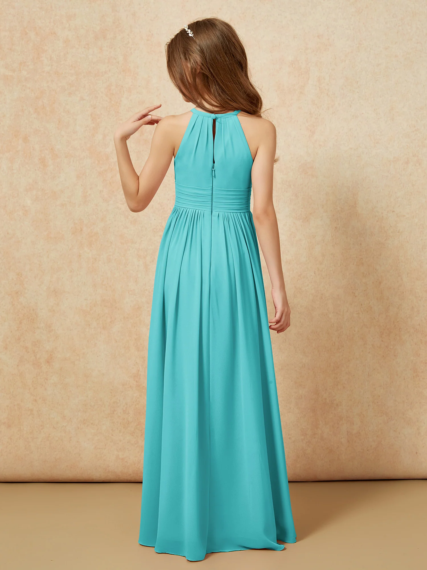 Halter Sleeveless Long Chiffon Junior Bridesmaid Dress Jade - Image 2
