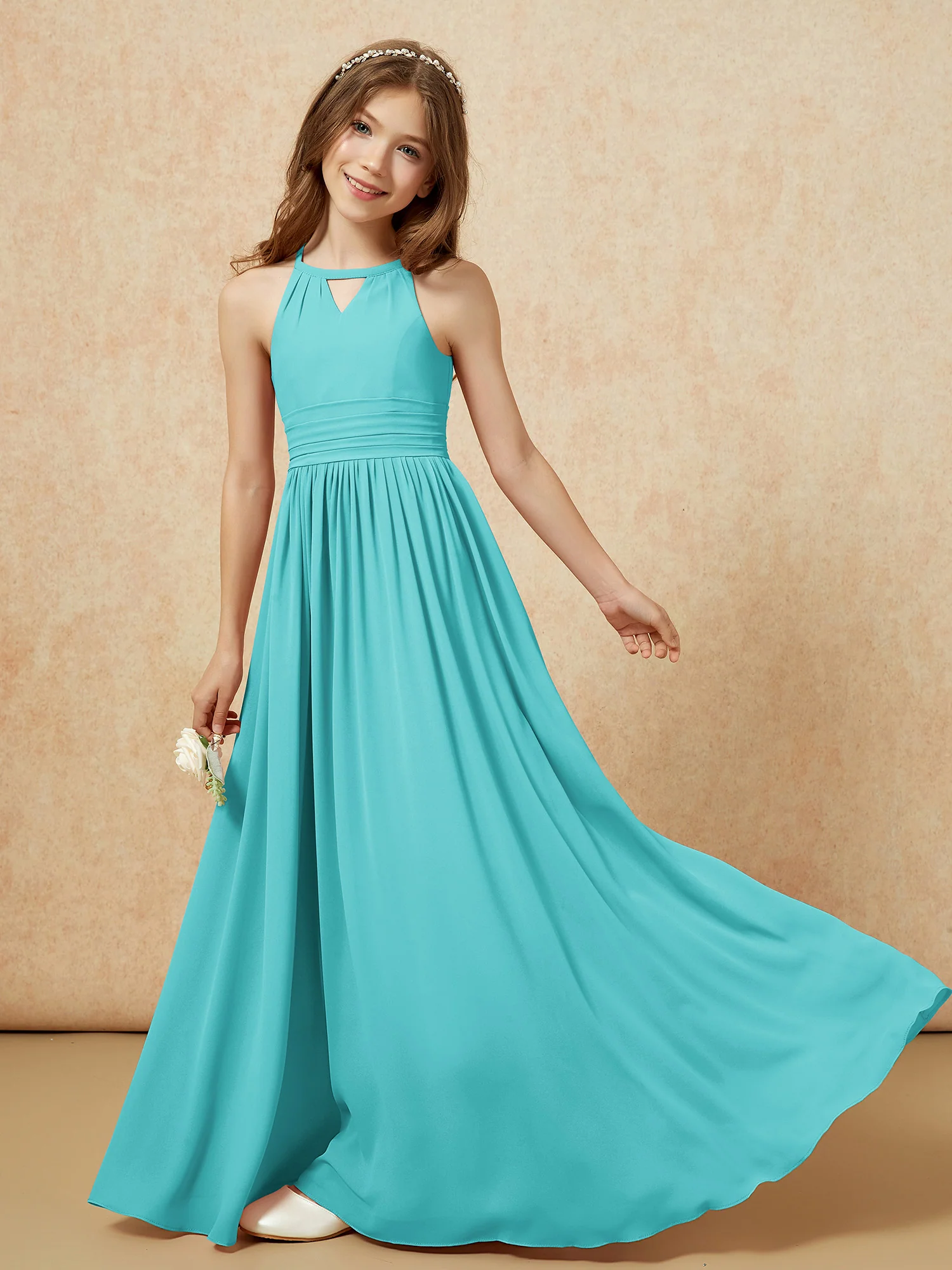 Halter Sleeveless Long Chiffon Junior Bridesmaid Dress Jade - Image 6