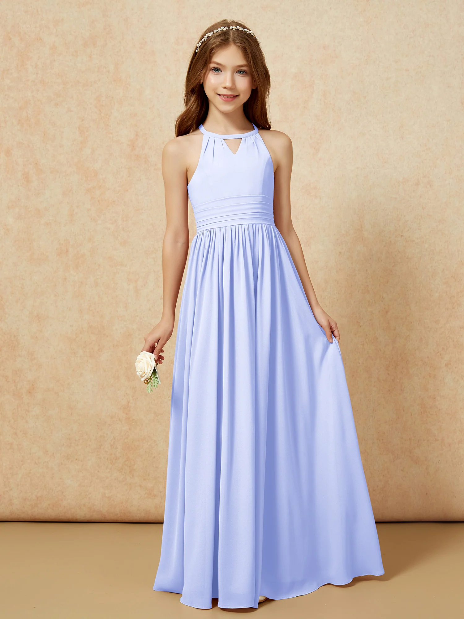 Halter Sleeveless Long Chiffon Junior Bridesmaid Dress Lavender