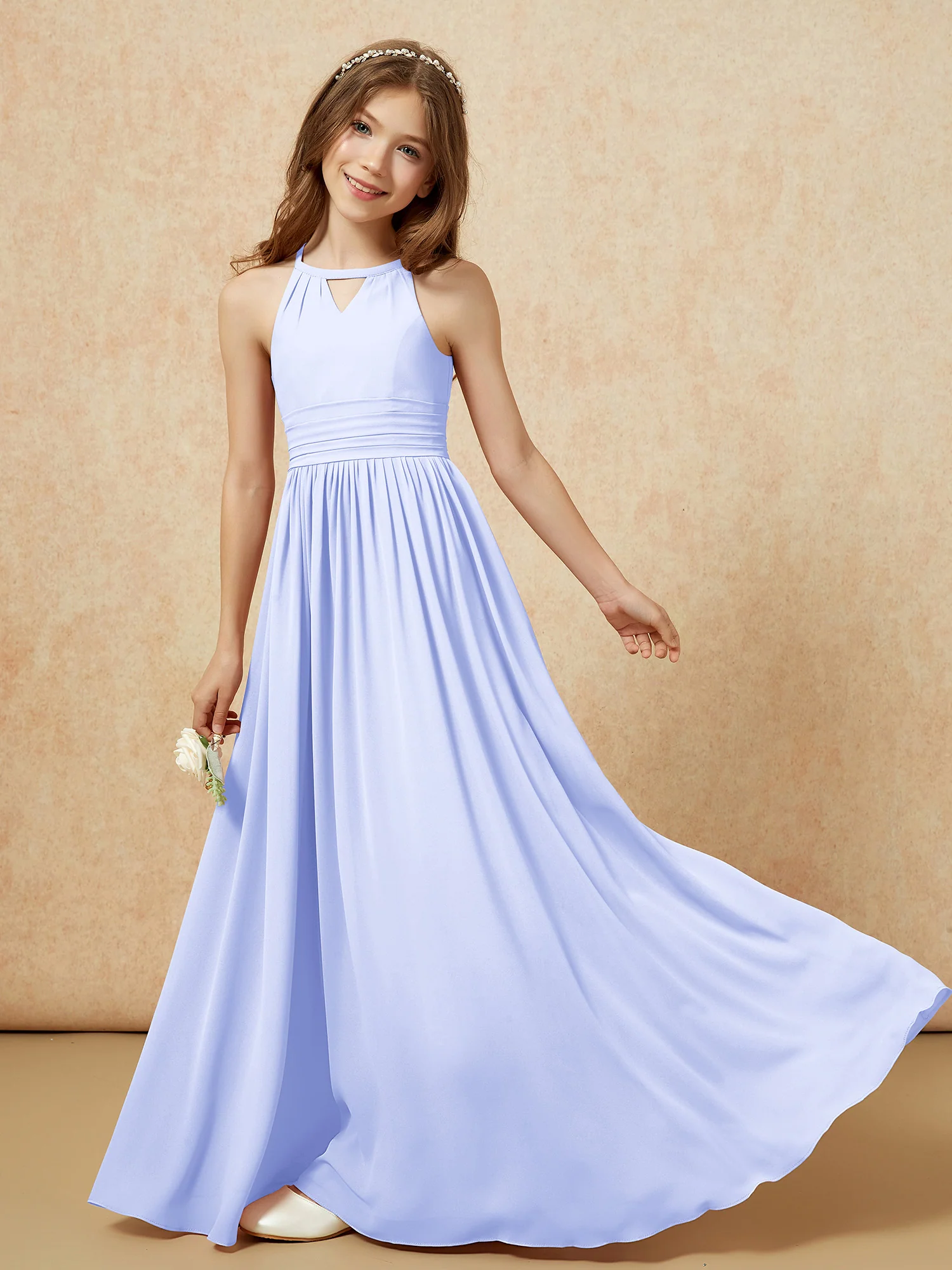 Halter Sleeveless Long Chiffon Junior Bridesmaid Dress Lavender - Image 6