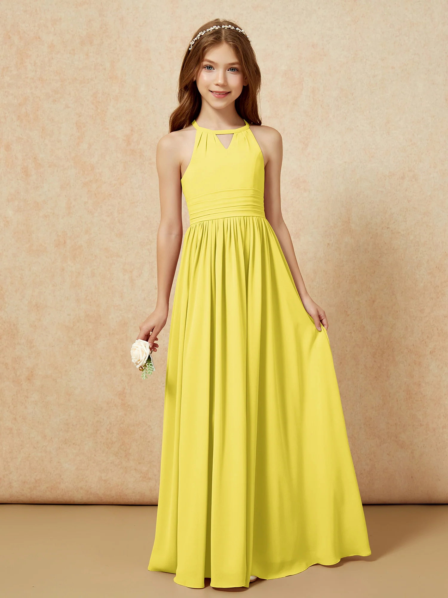 Halter Sleeveless Long Chiffon Junior Bridesmaid Dress Lemon