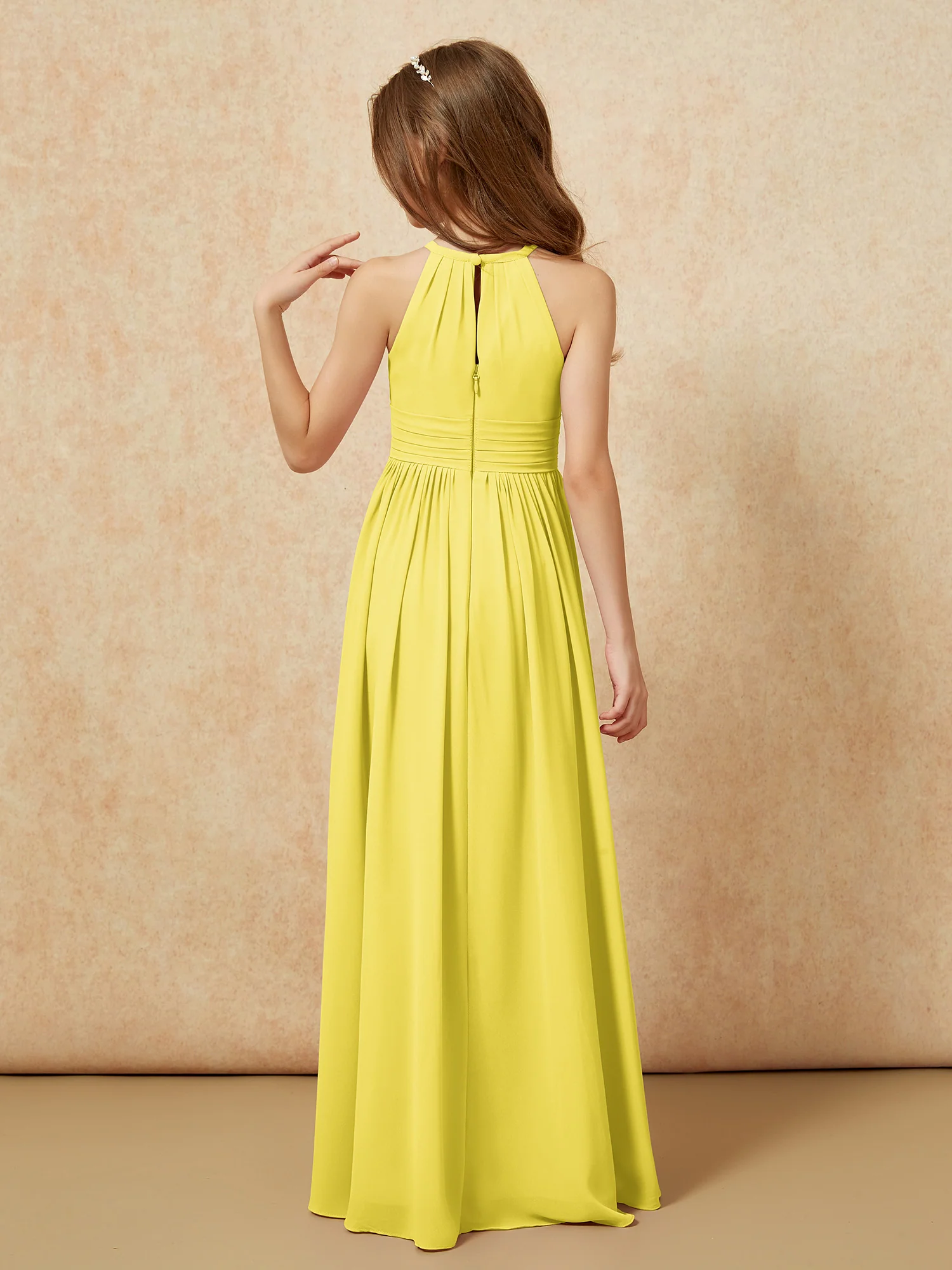 Halter Sleeveless Long Chiffon Junior Bridesmaid Dress Lemon - Image 2
