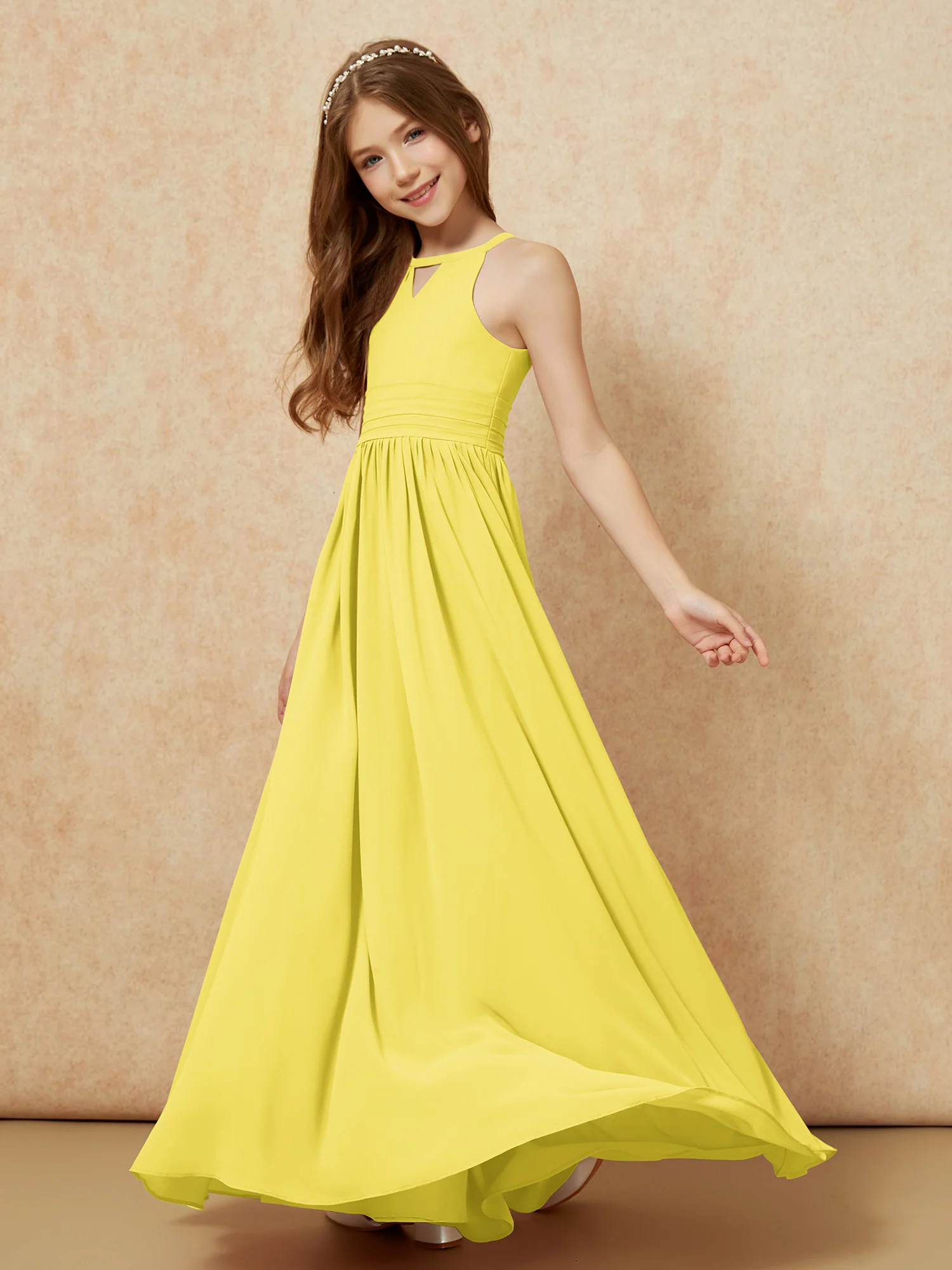 Halter Sleeveless Long Chiffon Junior Bridesmaid Dress Lemon - Image 3