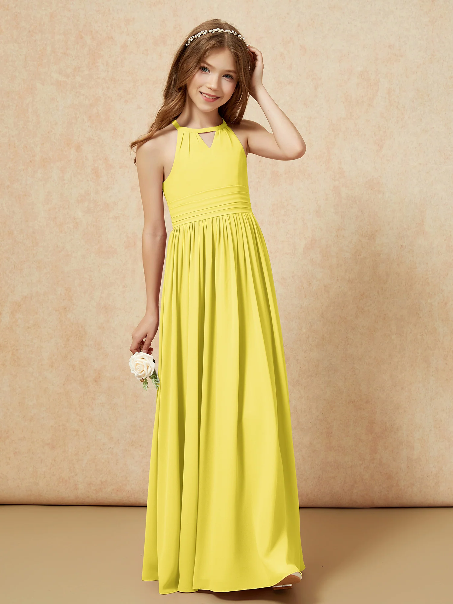 Halter Sleeveless Long Chiffon Junior Bridesmaid Dress Lemon - Image 4