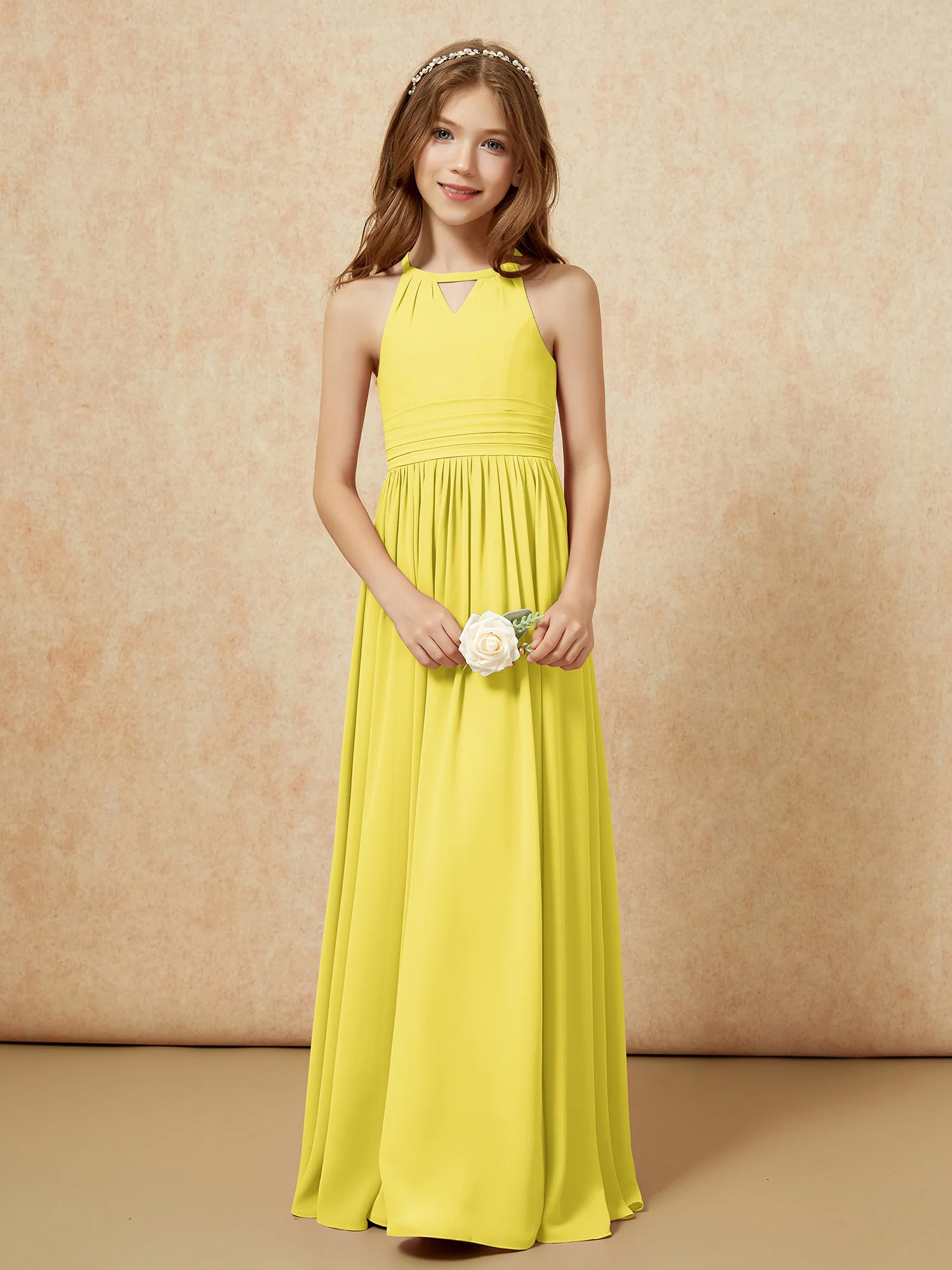 Halter Sleeveless Long Chiffon Junior Bridesmaid Dress Lemon - Image 5