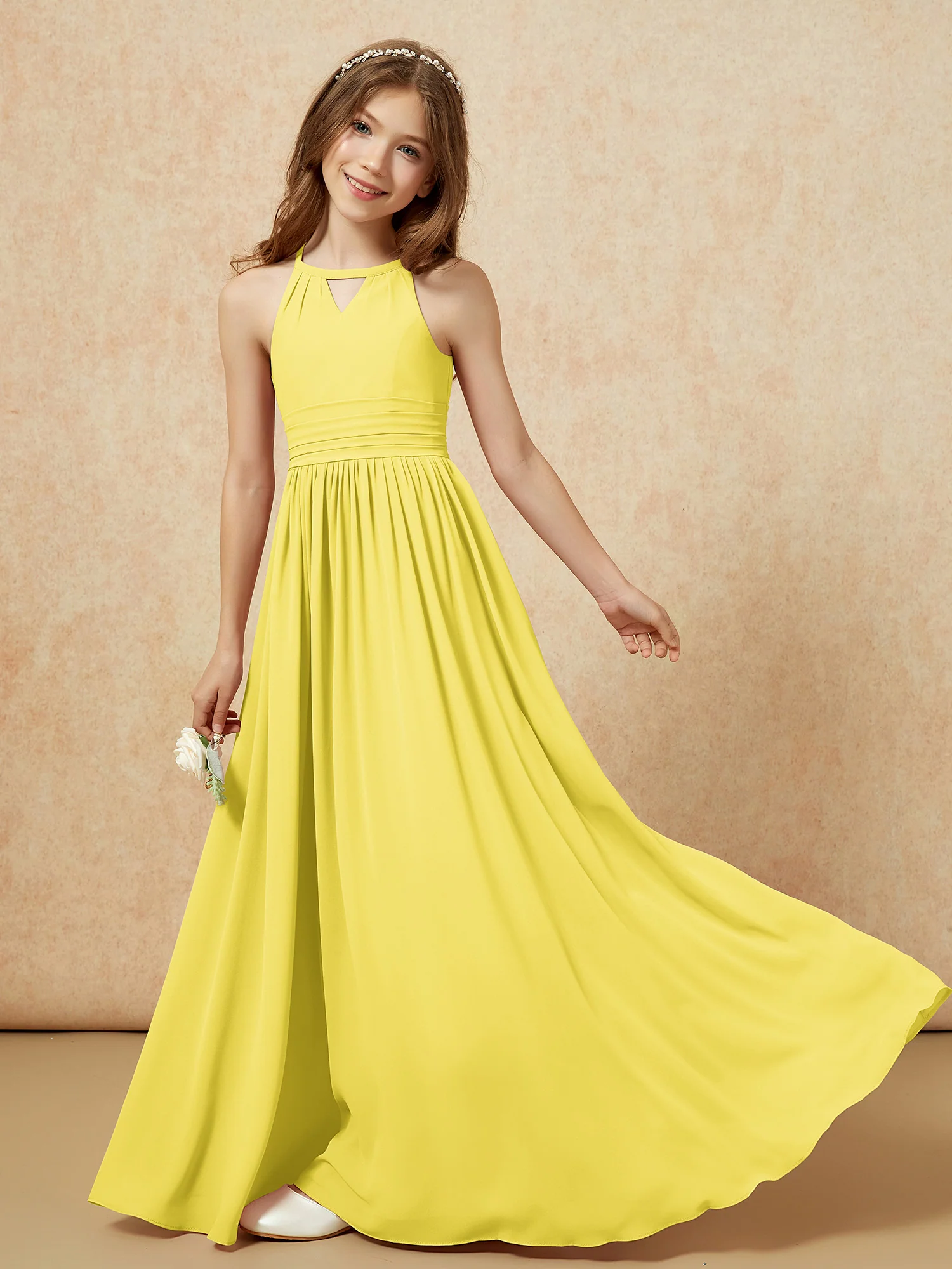Halter Sleeveless Long Chiffon Junior Bridesmaid Dress Lemon - Image 6