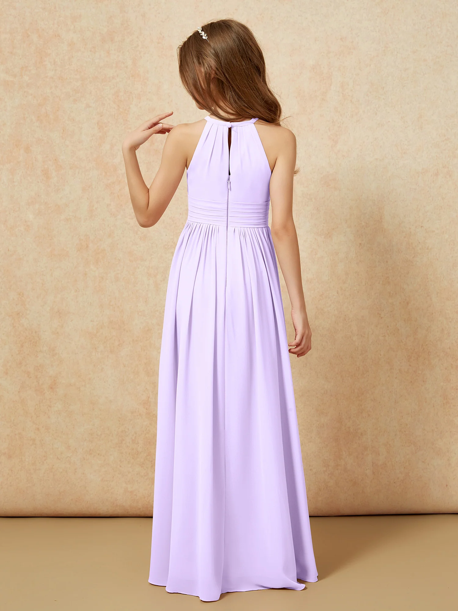 Halter Sleeveless Long Chiffon Junior Bridesmaid Dress Lilac - Image 2