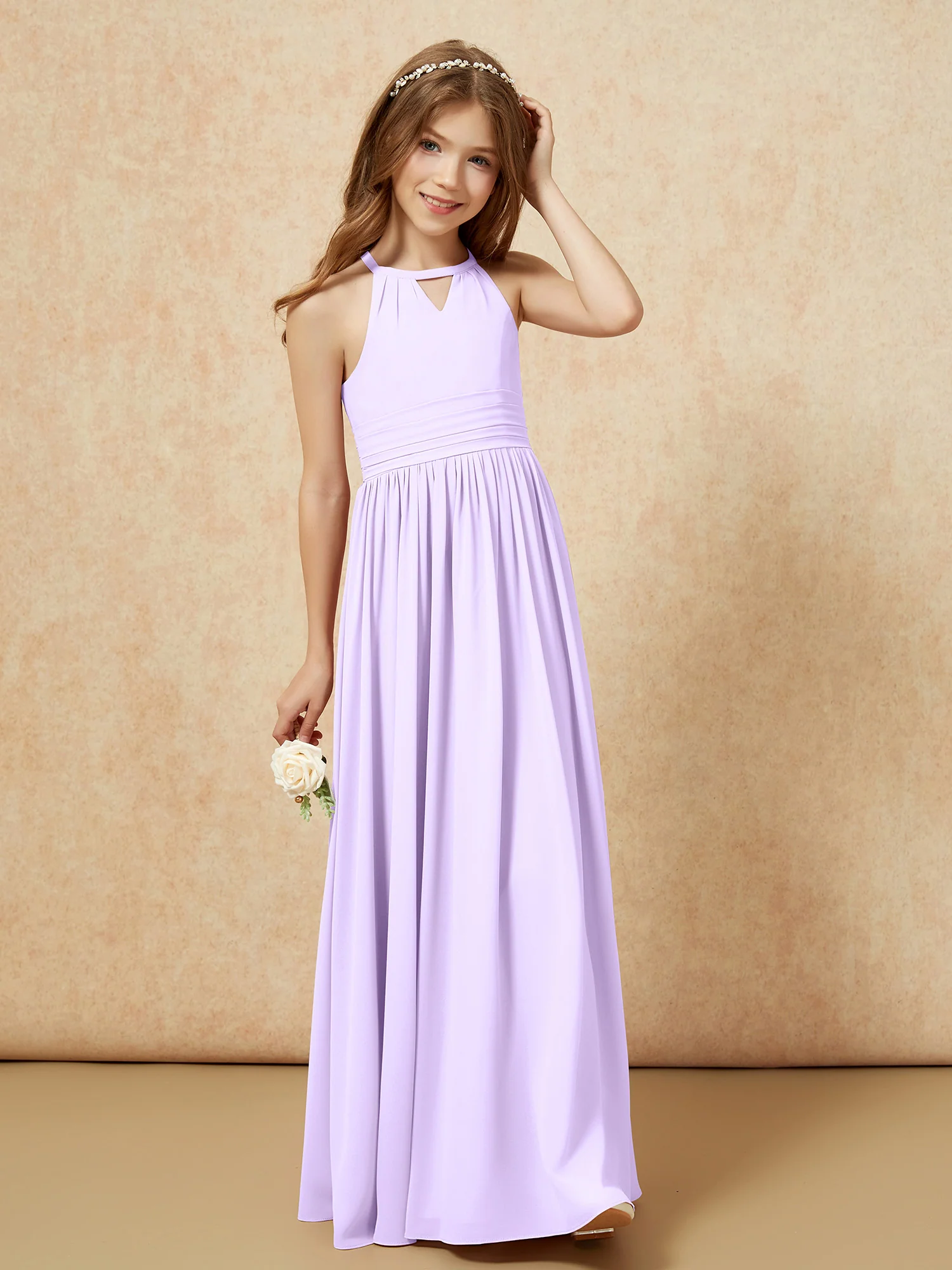 Halter Sleeveless Long Chiffon Junior Bridesmaid Dress Lilac - Image 4