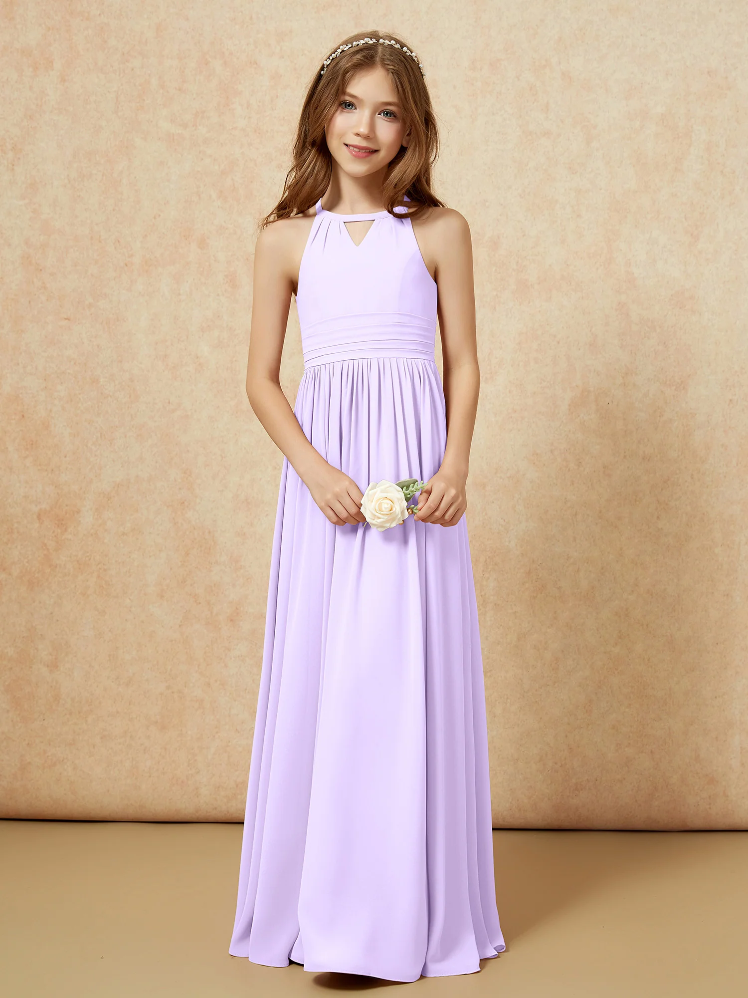 Halter Sleeveless Long Chiffon Junior Bridesmaid Dress Lilac - Image 5