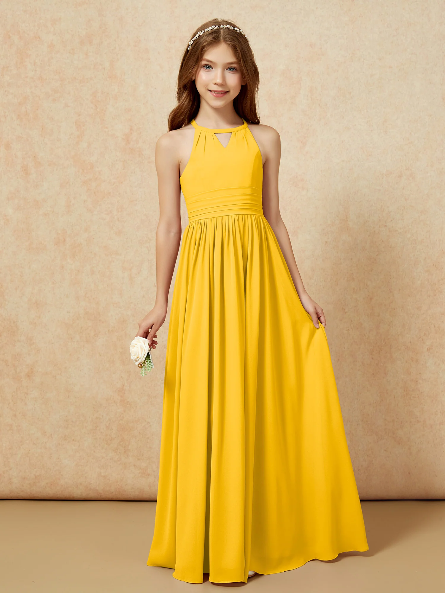 Halter Sleeveless Long Chiffon Junior Bridesmaid Dress Marigold
