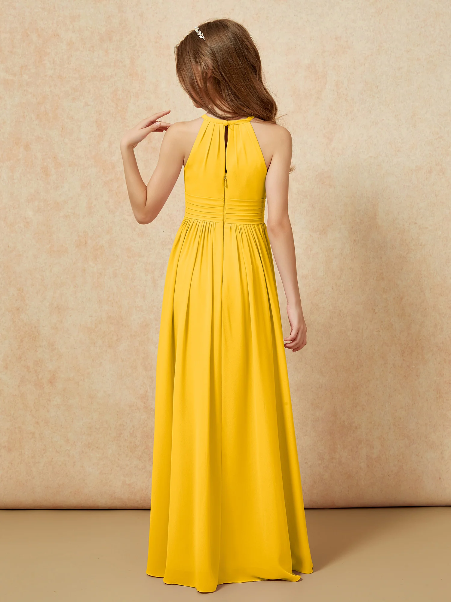 Halter Sleeveless Long Chiffon Junior Bridesmaid Dress Marigold - Image 2