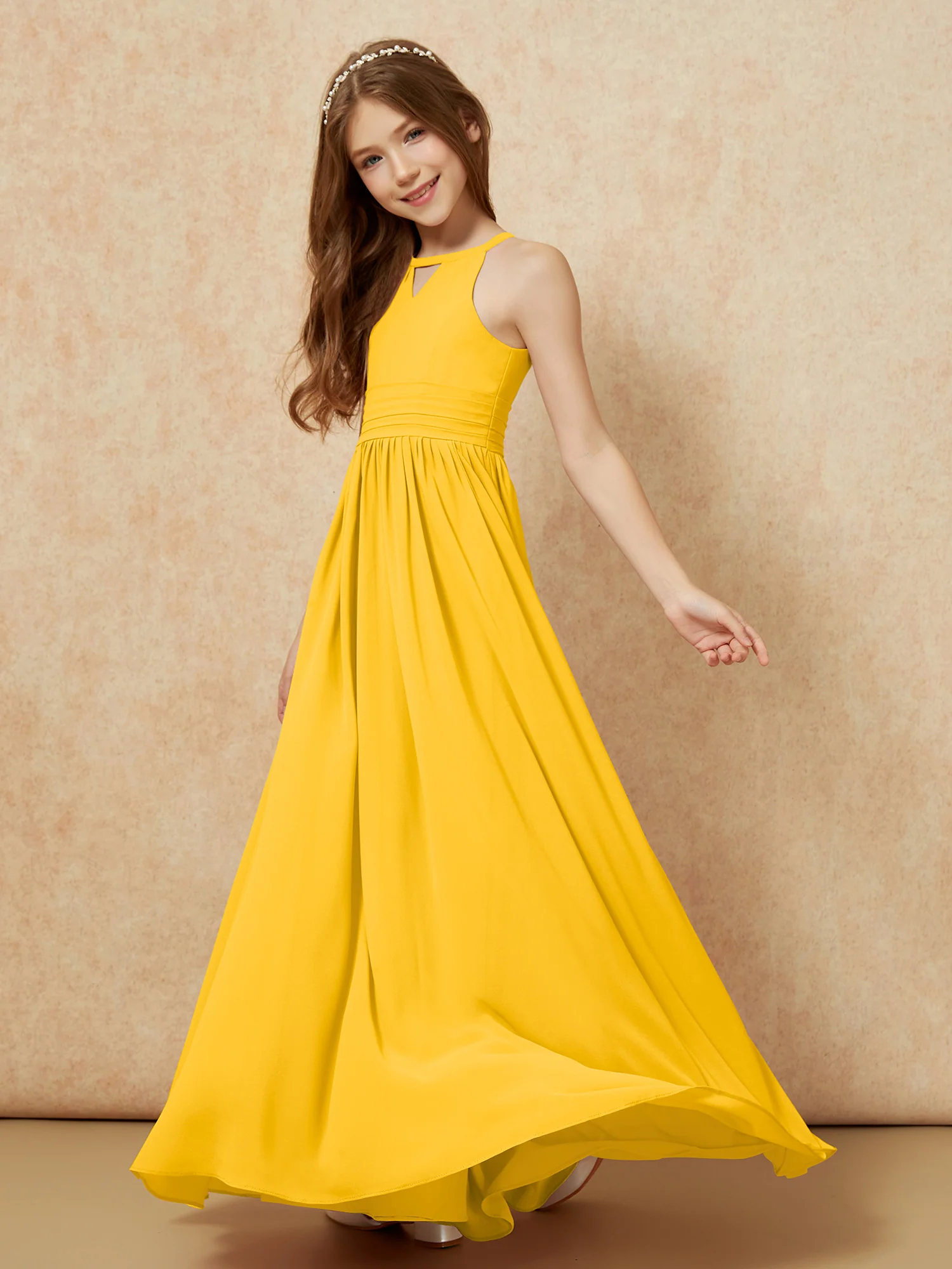 Halter Sleeveless Long Chiffon Junior Bridesmaid Dress Marigold - Image 3