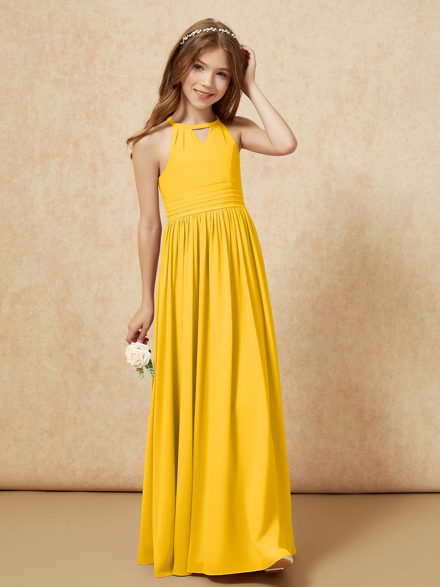 Halter Sleeveless Long Chiffon Junior Bridesmaid Dress Marigold - Image 4