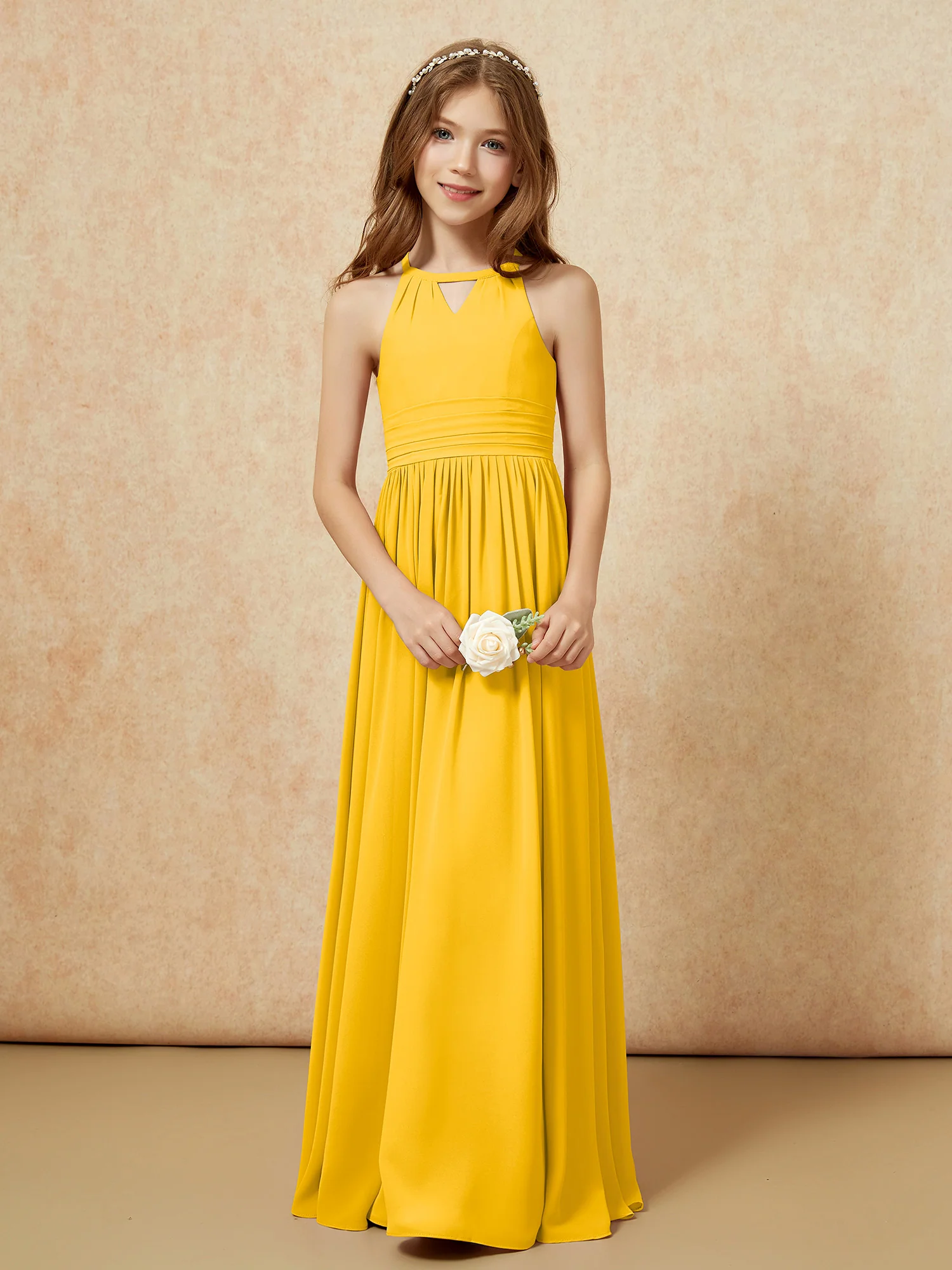 Halter Sleeveless Long Chiffon Junior Bridesmaid Dress Marigold - Image 5