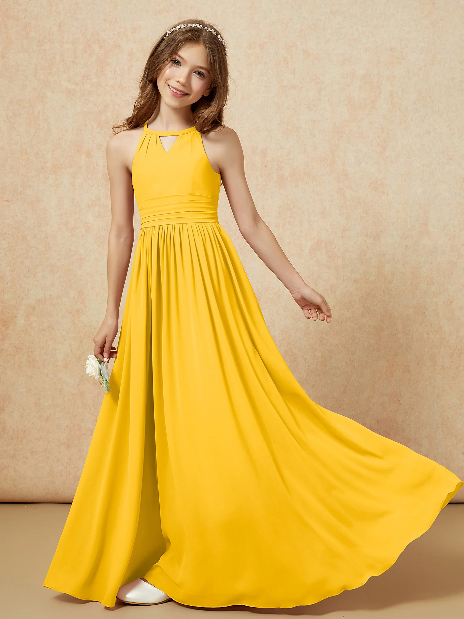Halter Sleeveless Long Chiffon Junior Bridesmaid Dress Marigold - Image 6