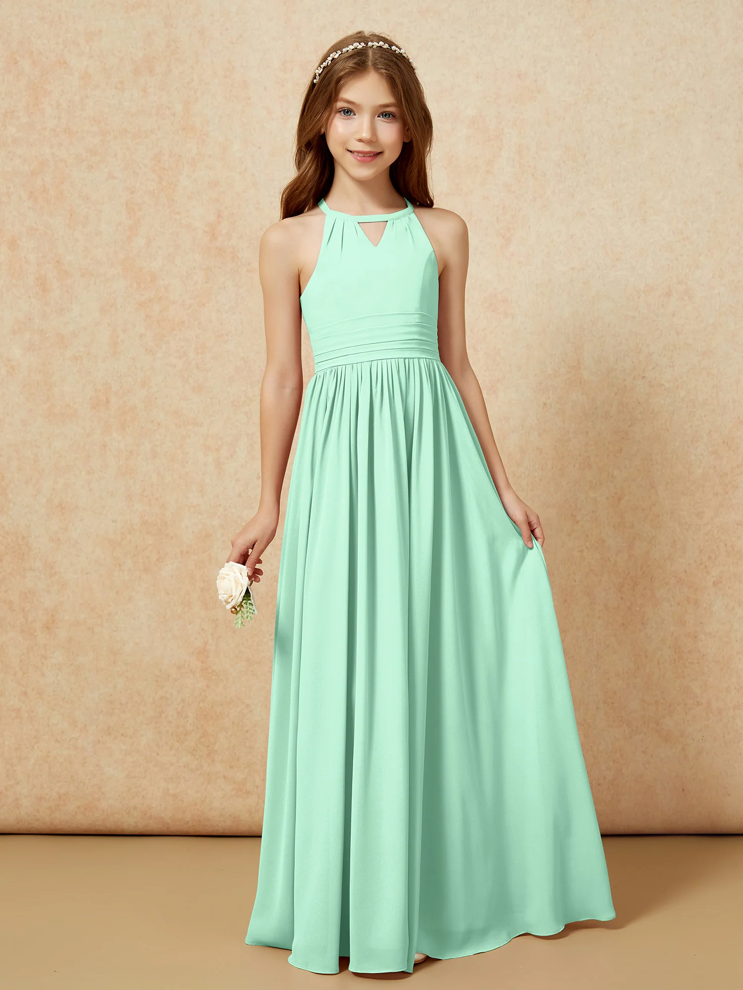 Halter Sleeveless Long Chiffon Junior Bridesmaid Dress Mint Green