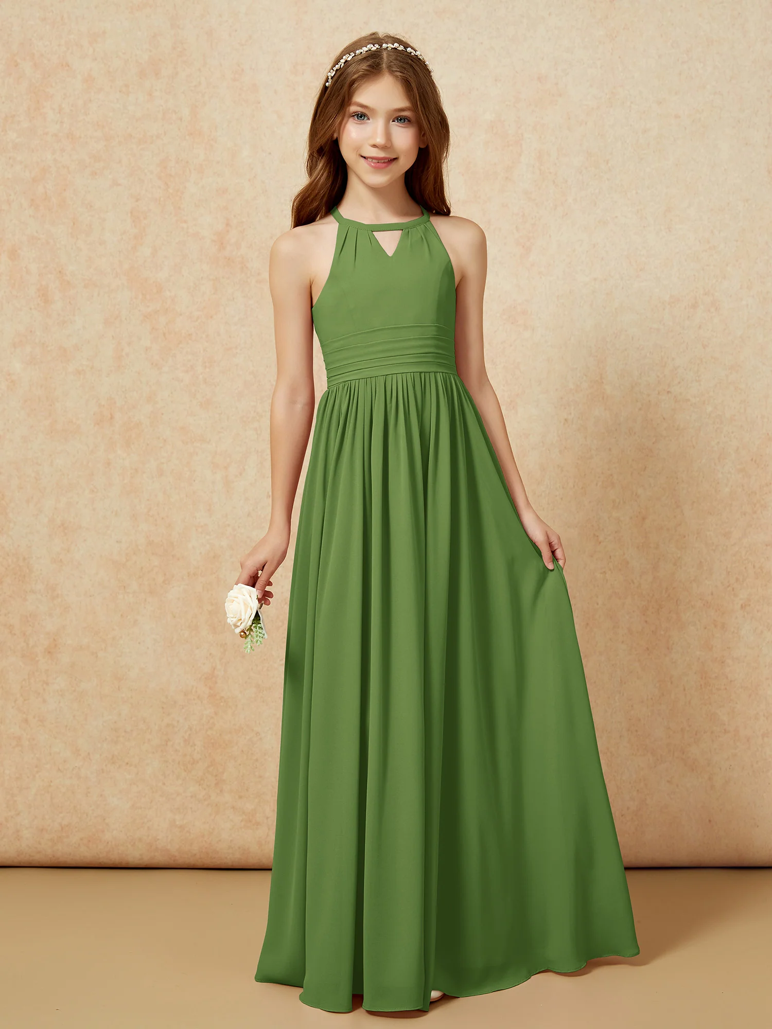 Halter Sleeveless Long Chiffon Junior Bridesmaid Dress Moss