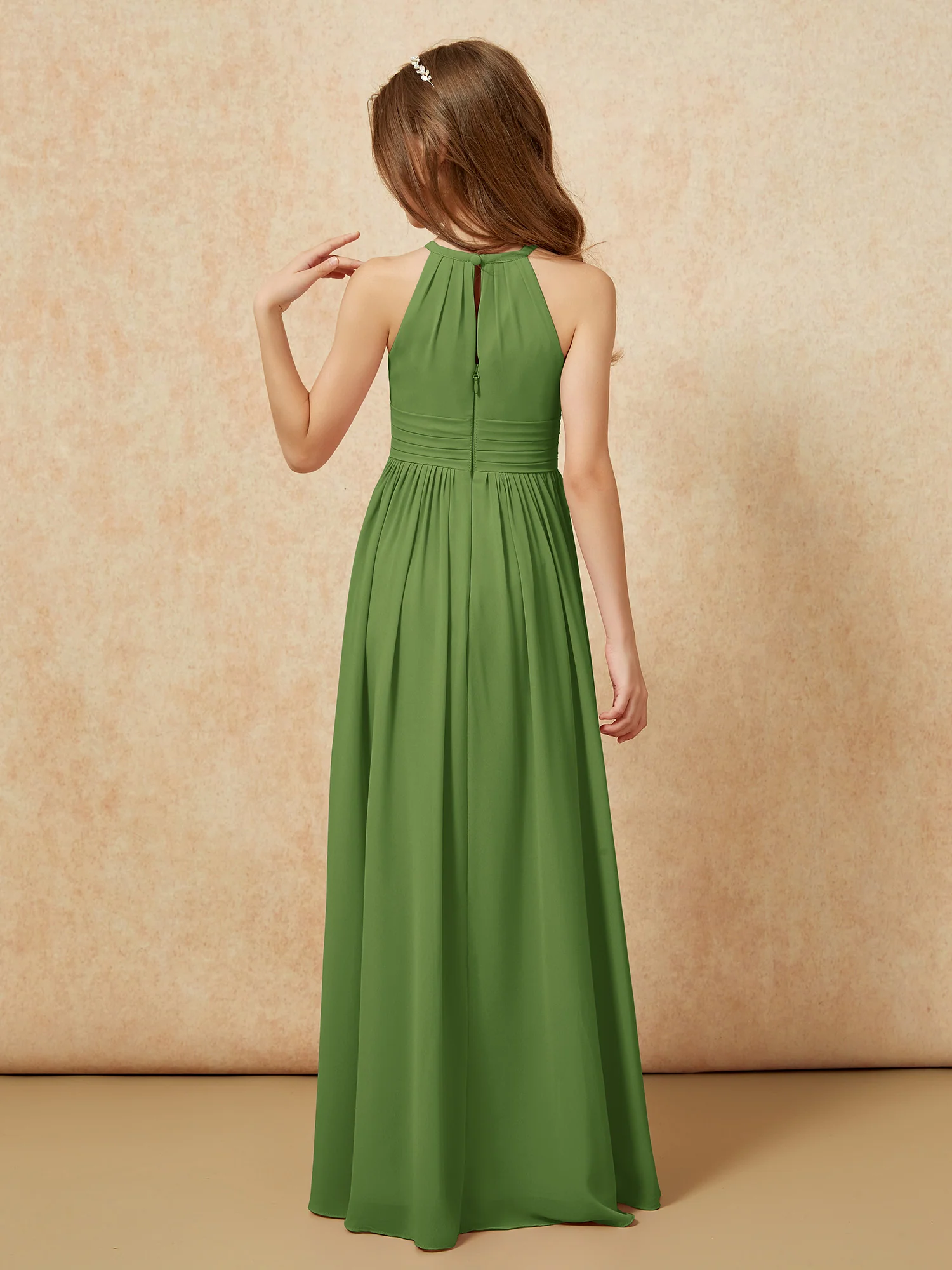 Halter Sleeveless Long Chiffon Junior Bridesmaid Dress Moss - Image 2