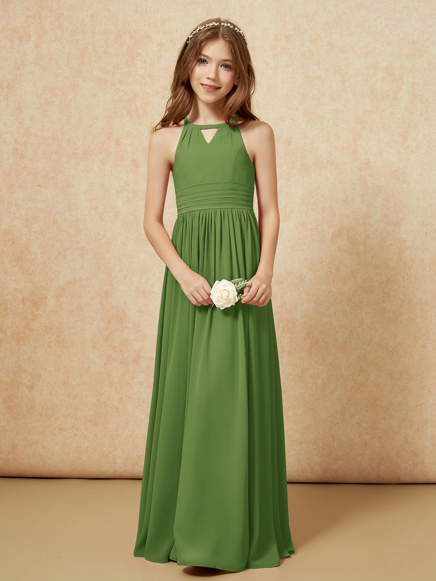 Halter Sleeveless Long Chiffon Junior Bridesmaid Dress Moss - Image 5