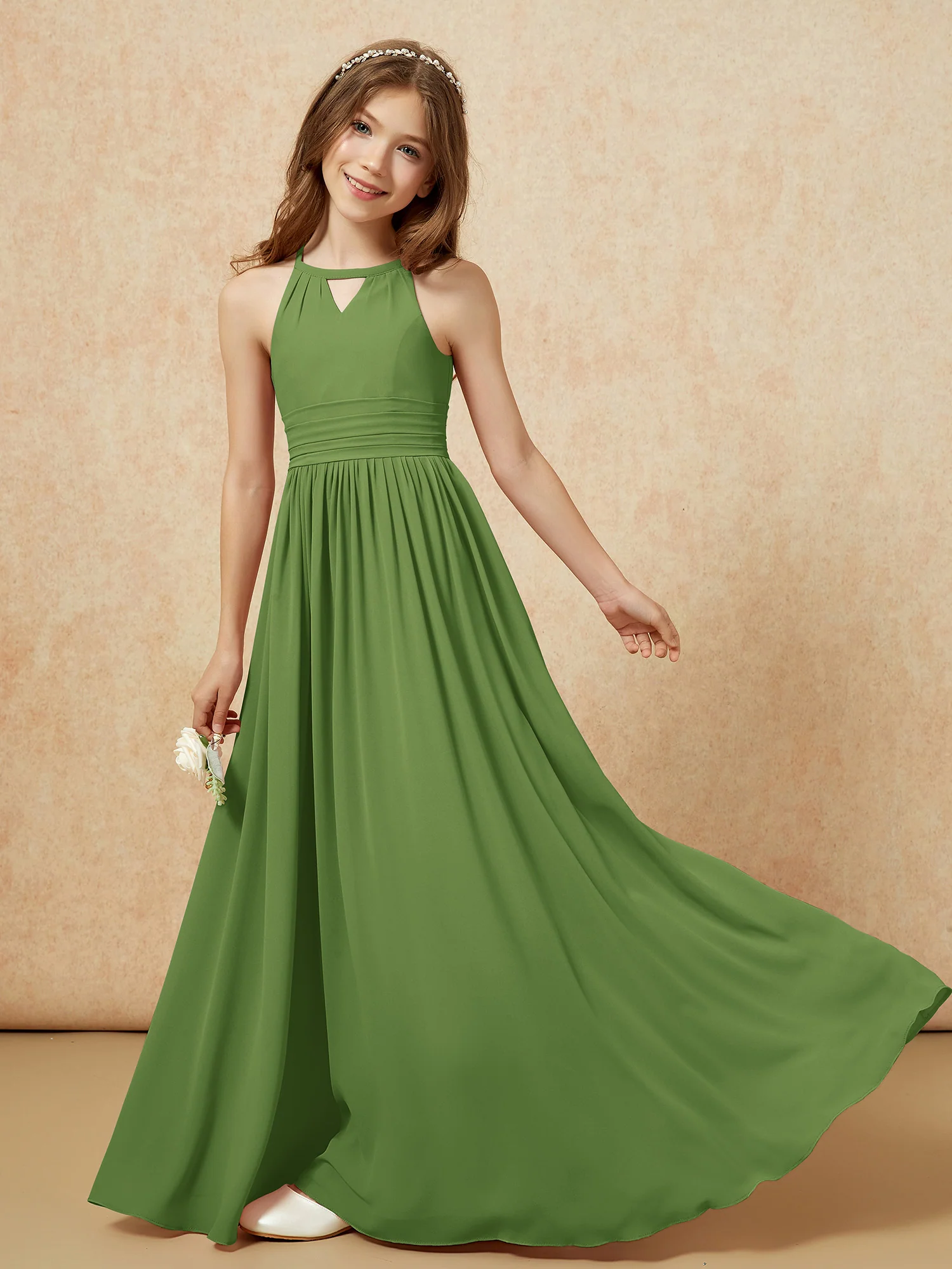 Halter Sleeveless Long Chiffon Junior Bridesmaid Dress Moss - Image 6