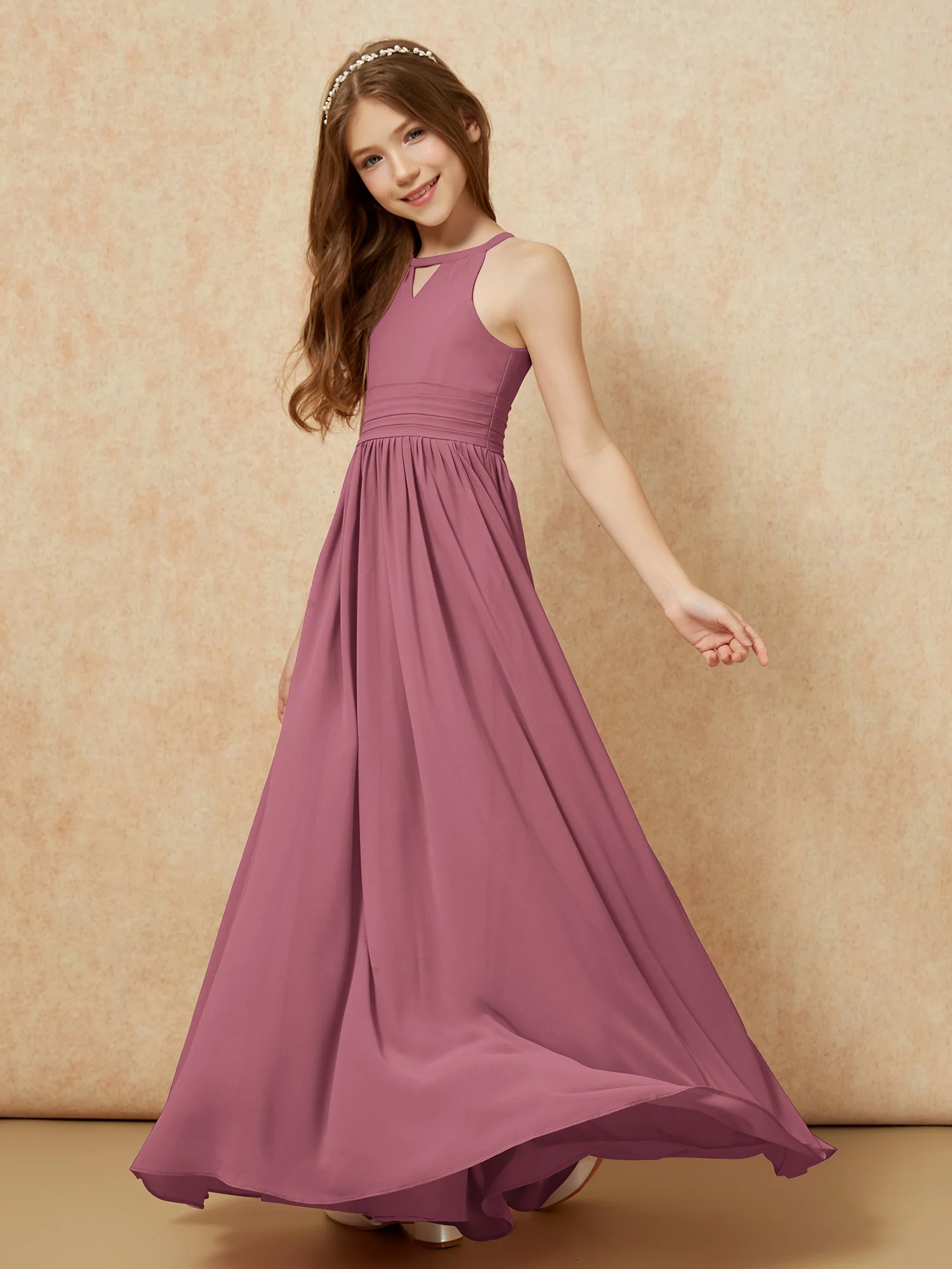 Halter Sleeveless Long Chiffon Junior Bridesmaid Dress Mulberry - Image 3