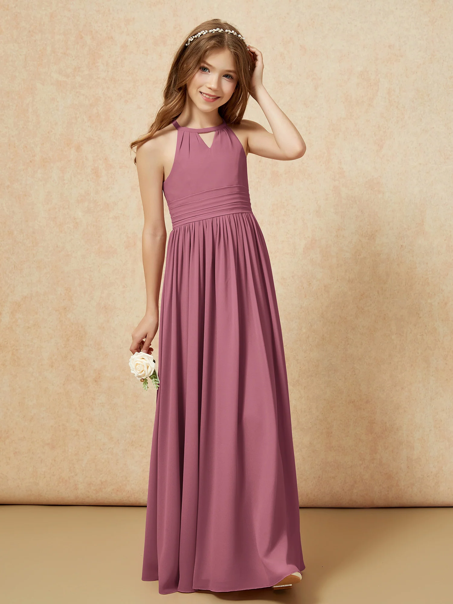 Halter Sleeveless Long Chiffon Junior Bridesmaid Dress Mulberry - Image 4