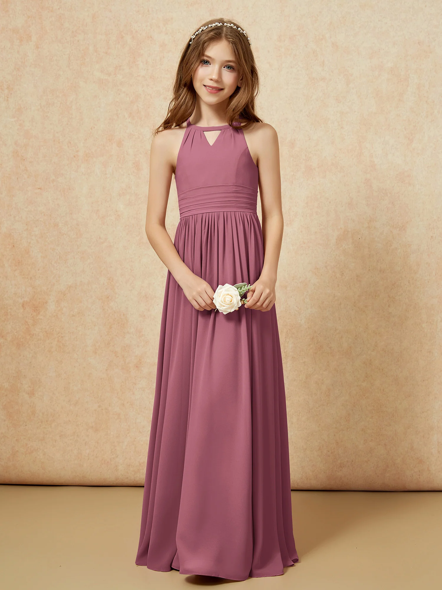 Halter Sleeveless Long Chiffon Junior Bridesmaid Dress Mulberry - Image 5