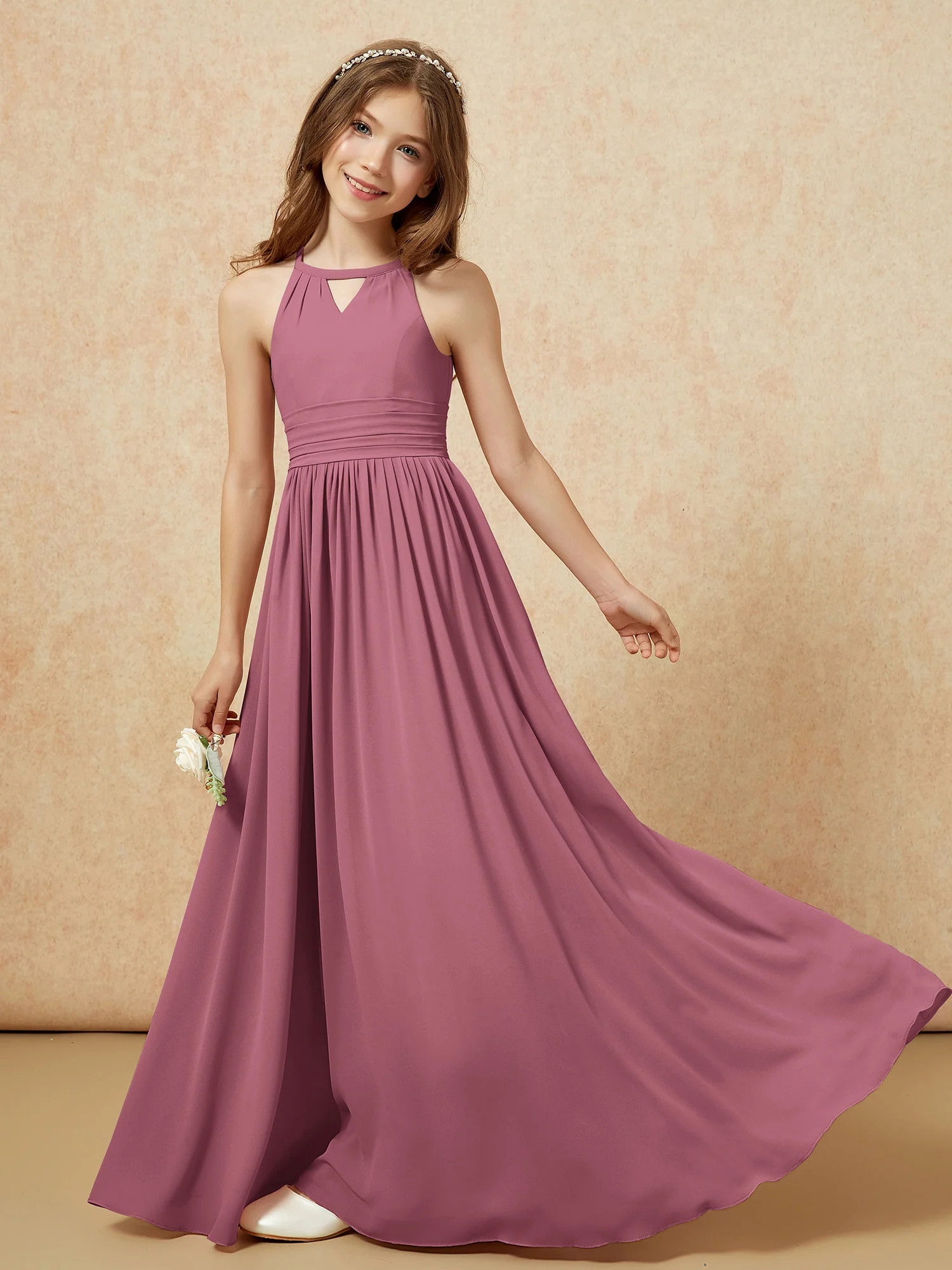 Halter Sleeveless Long Chiffon Junior Bridesmaid Dress Mulberry - Image 6