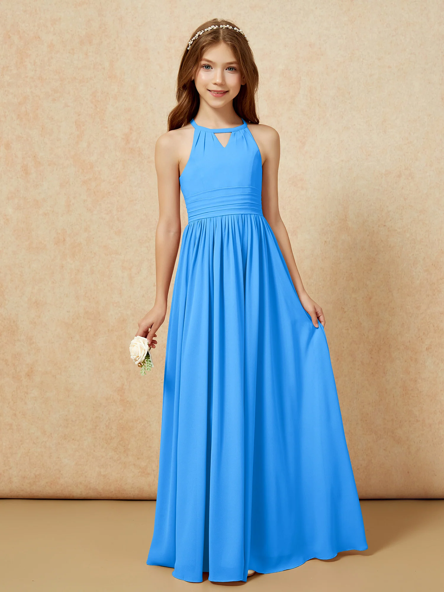 Halter Sleeveless Long Chiffon Junior Bridesmaid Dress Ocean Blue