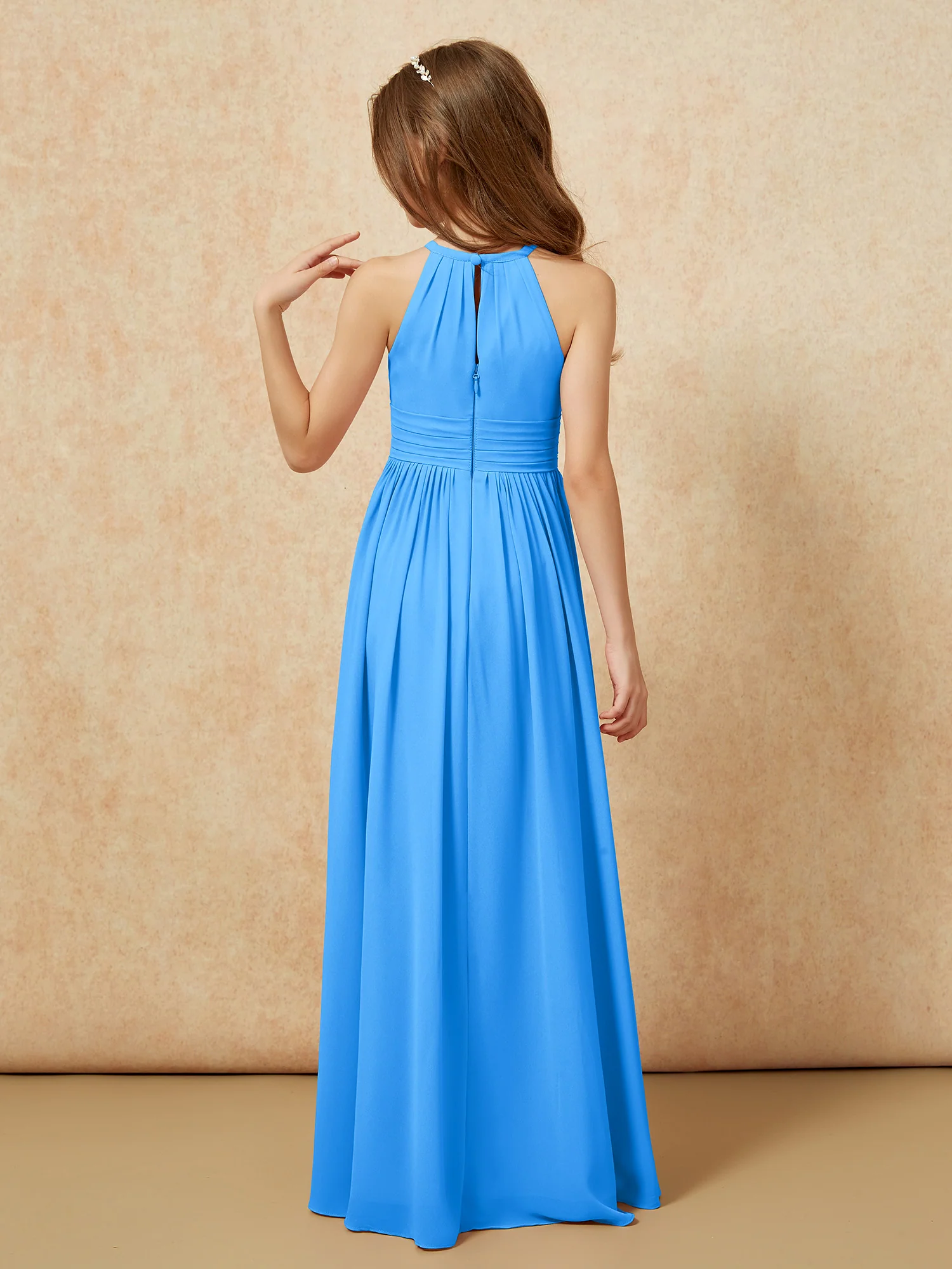 Halter Sleeveless Long Chiffon Junior Bridesmaid Dress Ocean Blue - Image 2