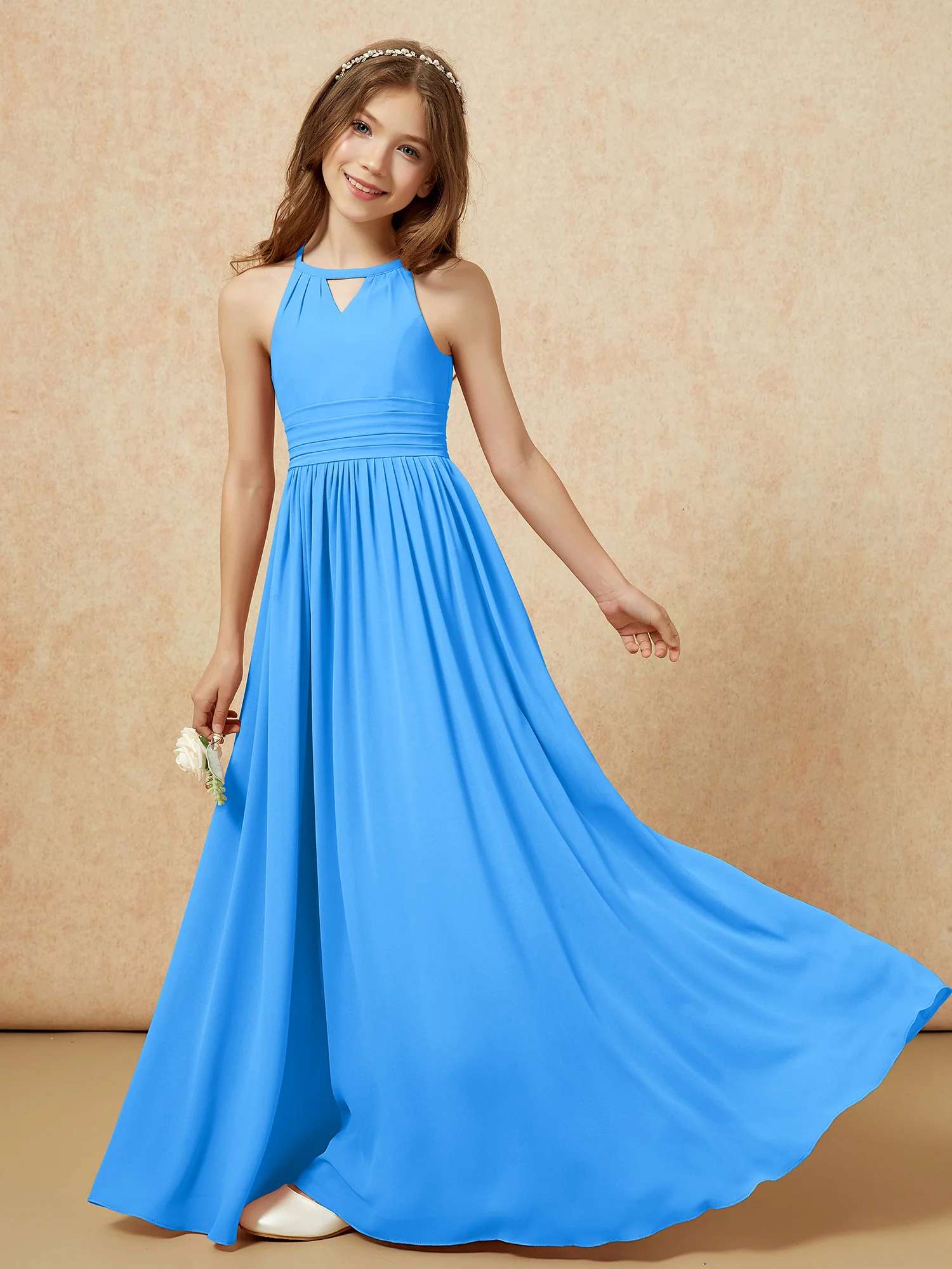Halter Sleeveless Long Chiffon Junior Bridesmaid Dress Ocean Blue - Image 6