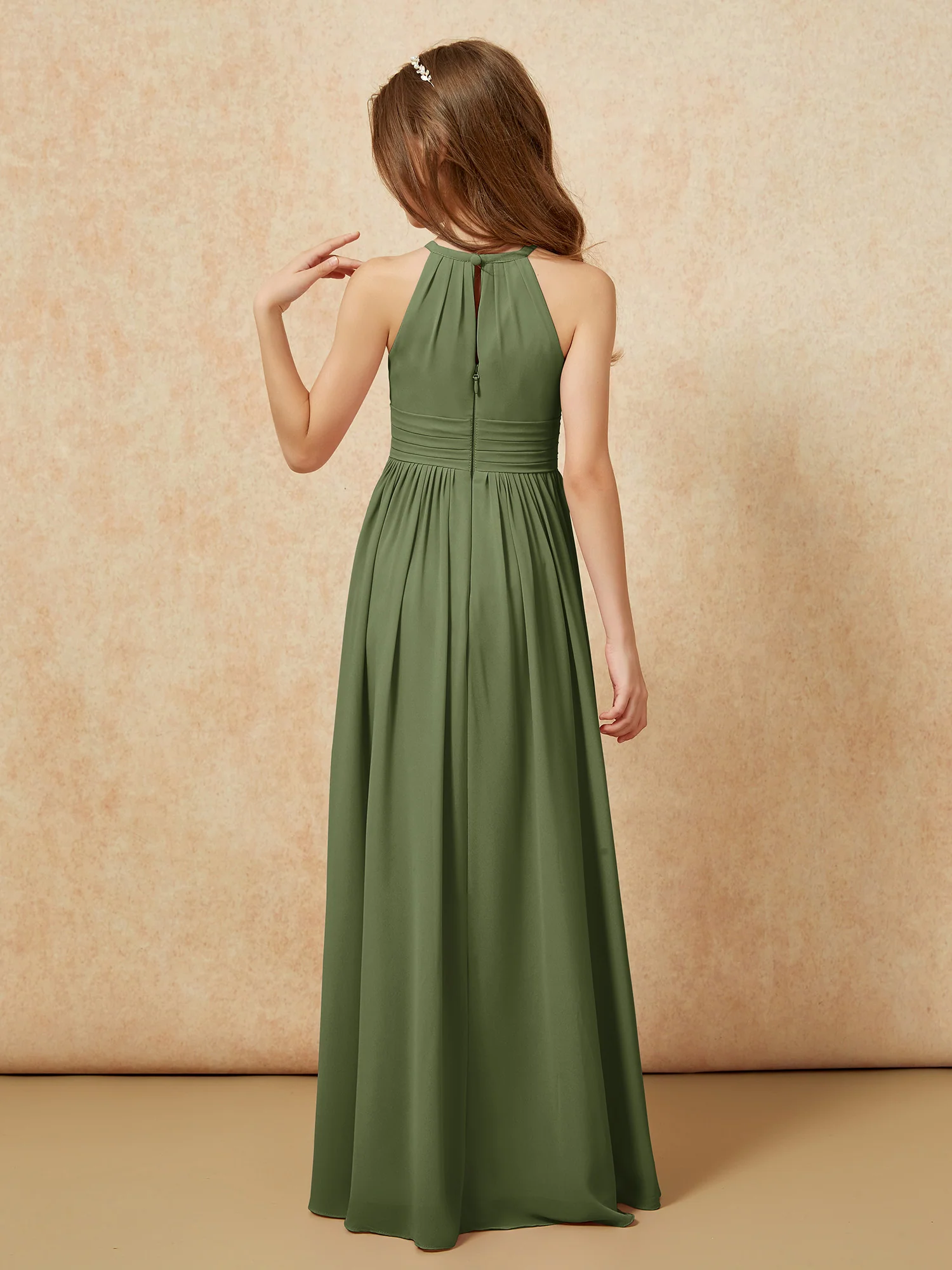 Halter Sleeveless Long Chiffon Junior Bridesmaid Dress Olive Green - Image 2