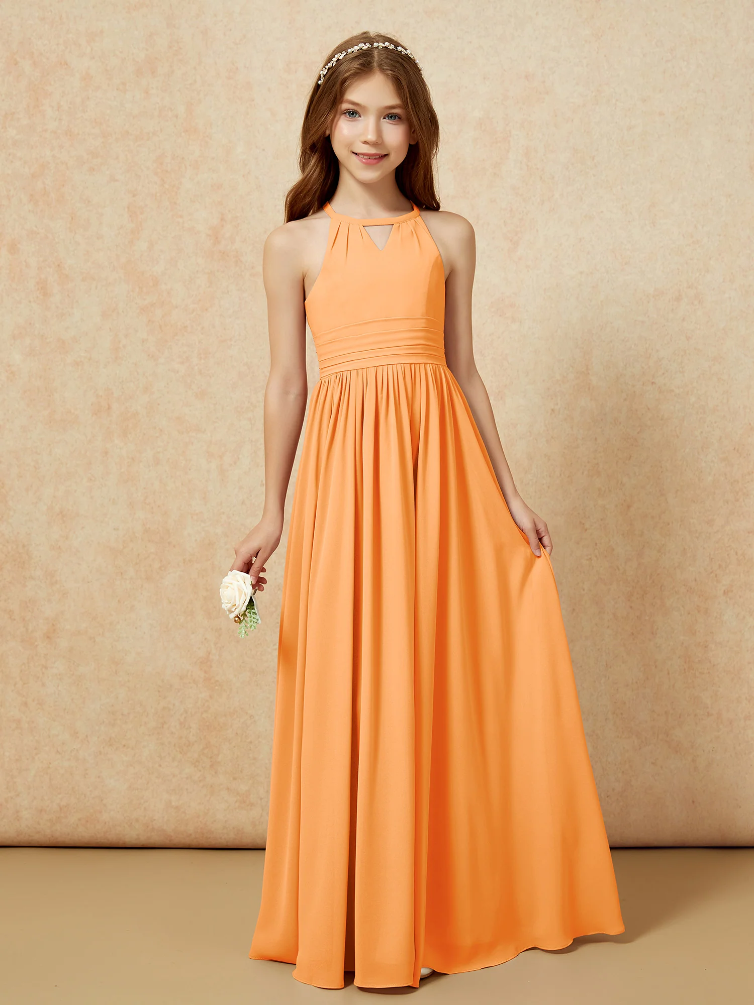 Halter Sleeveless Long Chiffon Junior Bridesmaid Dress Orange