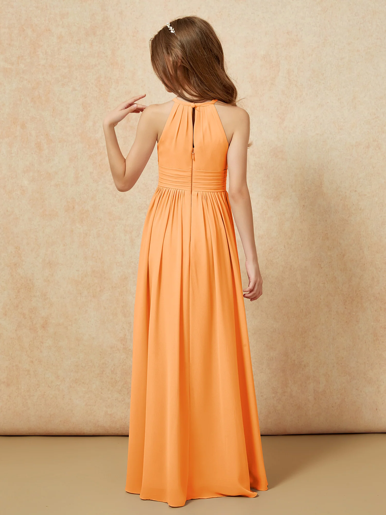 Halter Sleeveless Long Chiffon Junior Bridesmaid Dress Orange - Image 2