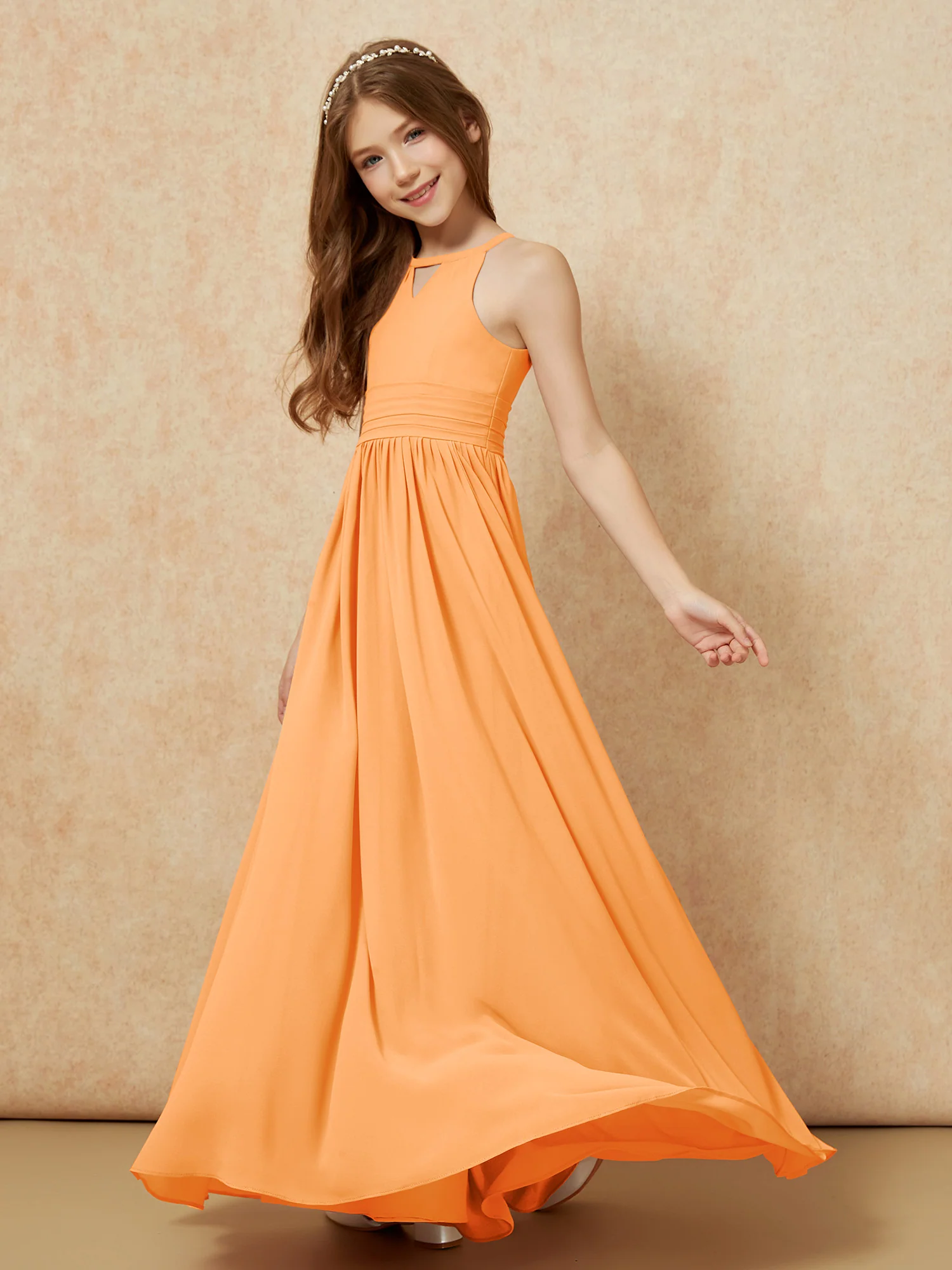 Halter Sleeveless Long Chiffon Junior Bridesmaid Dress Orange - Image 3