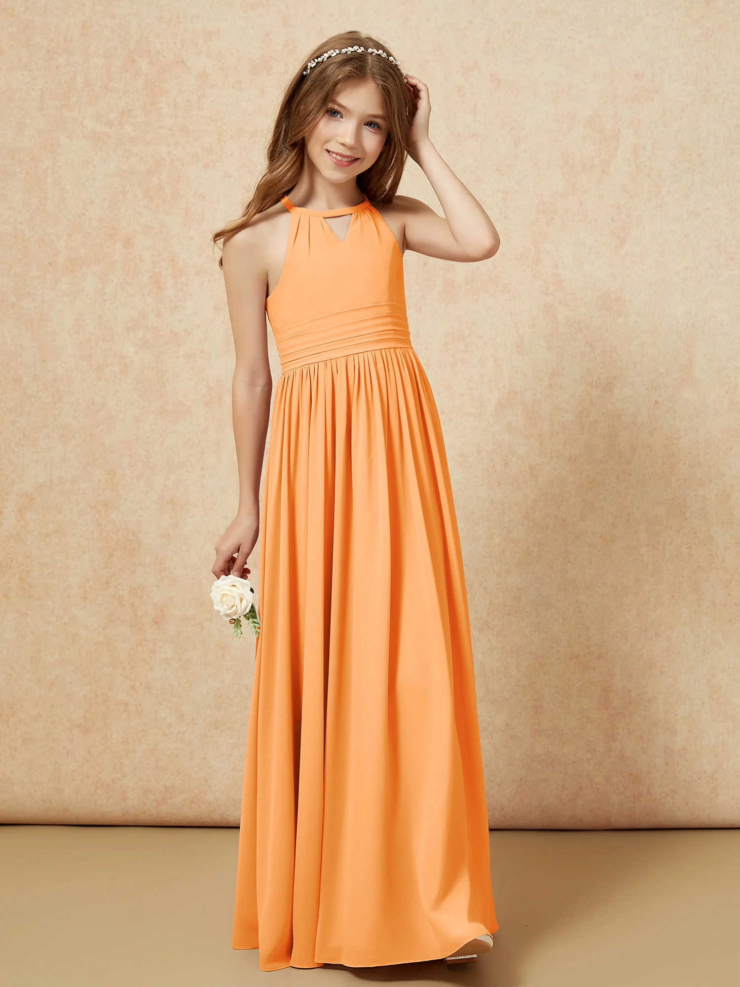 Halter Sleeveless Long Chiffon Junior Bridesmaid Dress Orange - Image 4