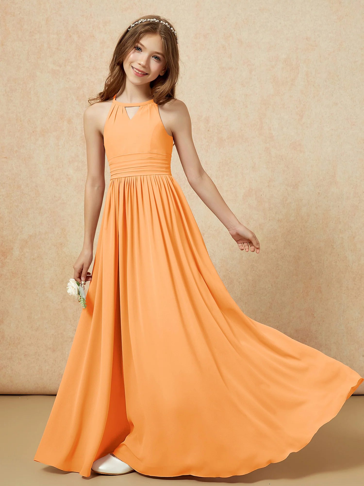 Halter Sleeveless Long Chiffon Junior Bridesmaid Dress Orange - Image 6