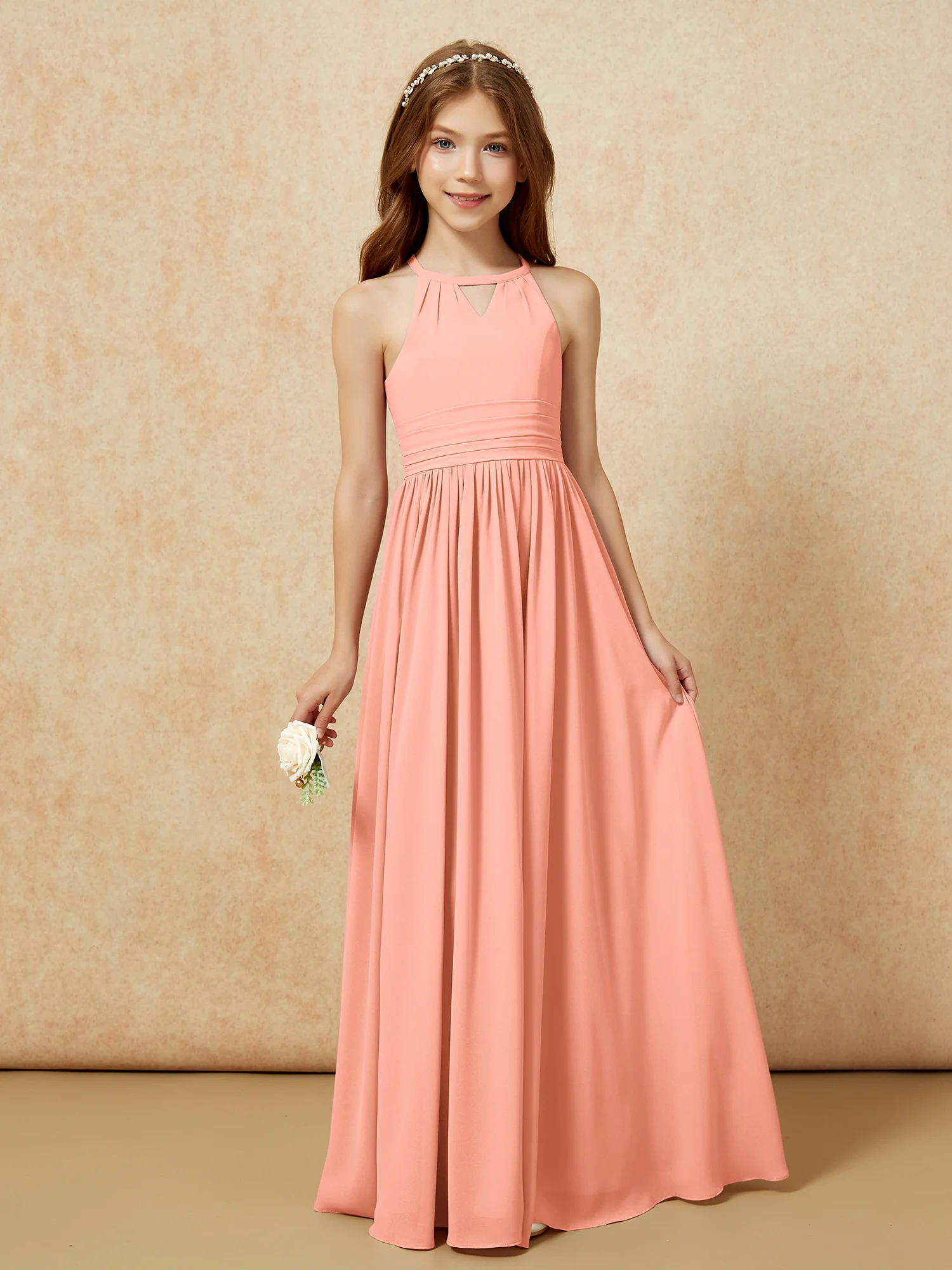 Halter Sleeveless Long Chiffon Junior Bridesmaid Dress Papaya
