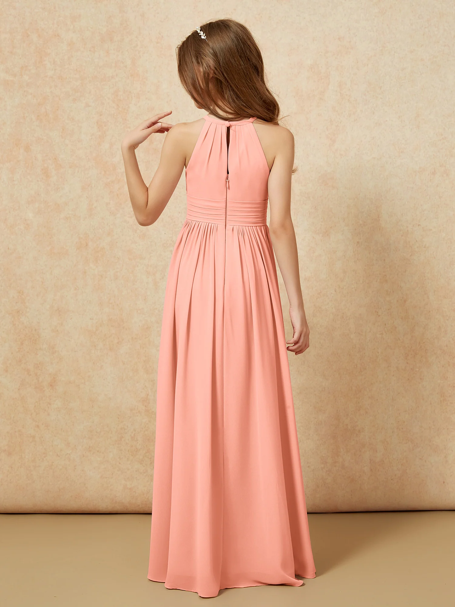 Halter Sleeveless Long Chiffon Junior Bridesmaid Dress Papaya - Image 2