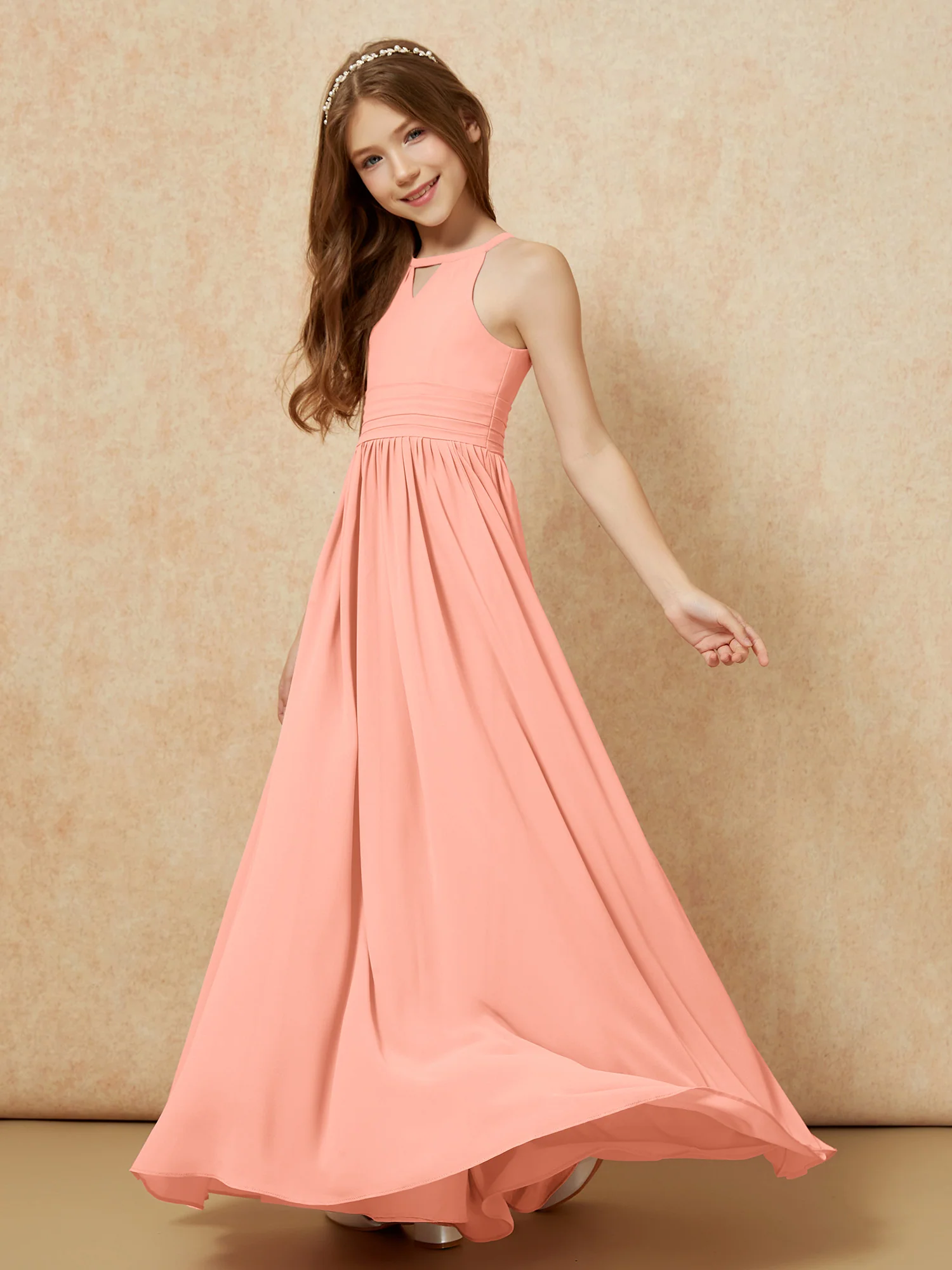 Halter Sleeveless Long Chiffon Junior Bridesmaid Dress Papaya - Image 3