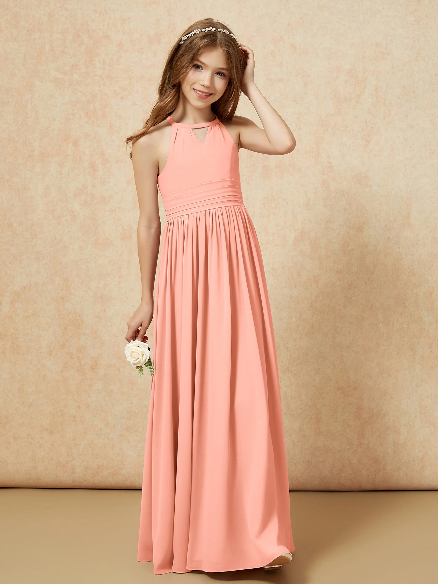 Halter Sleeveless Long Chiffon Junior Bridesmaid Dress Papaya - Image 4
