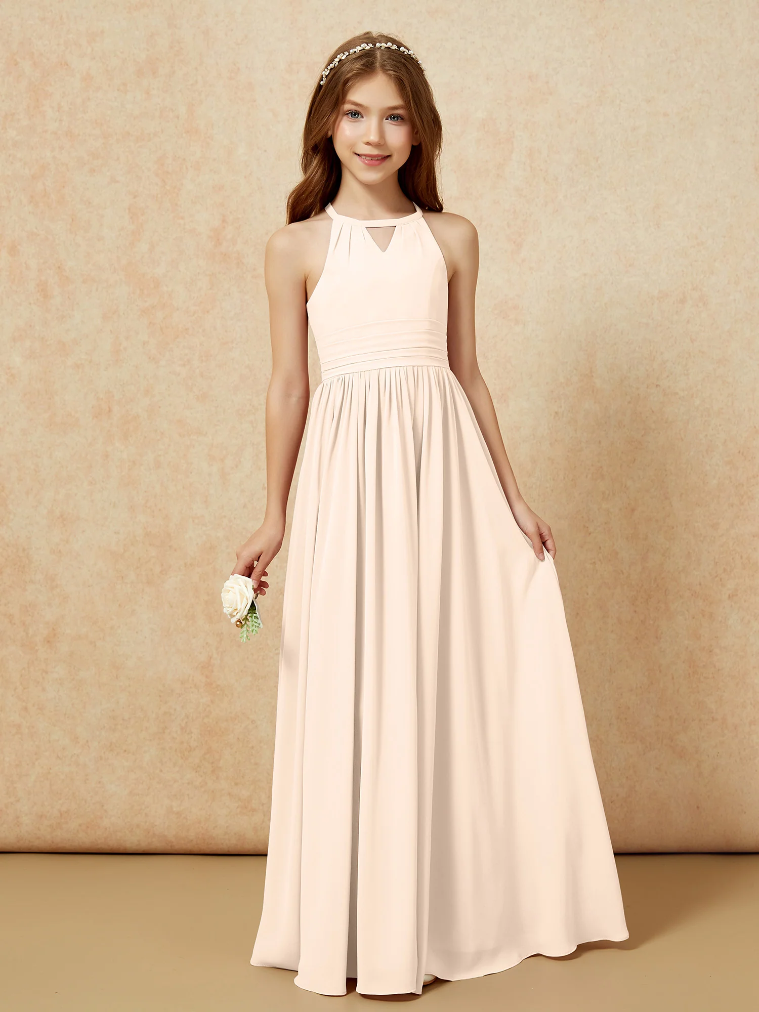 Halter Sleeveless Long Chiffon Junior Bridesmaid Dress Peach