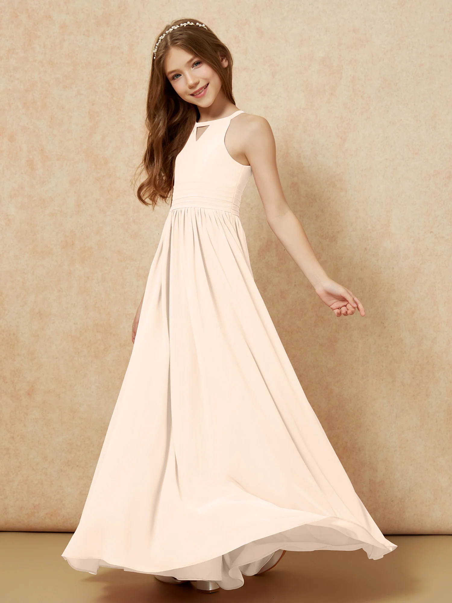 Halter Sleeveless Long Chiffon Junior Bridesmaid Dress Peach - Image 3
