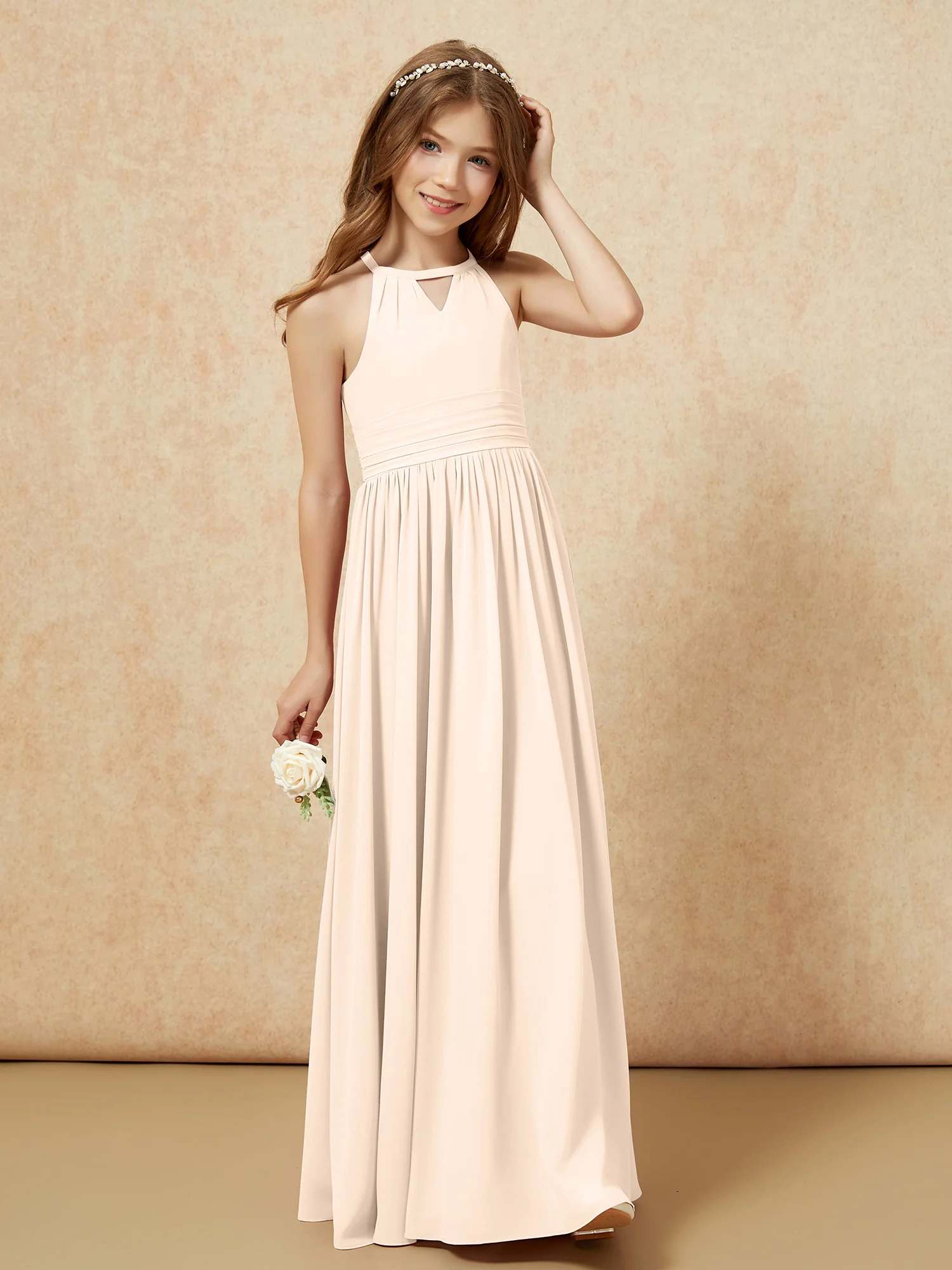 Halter Sleeveless Long Chiffon Junior Bridesmaid Dress Peach - Image 4
