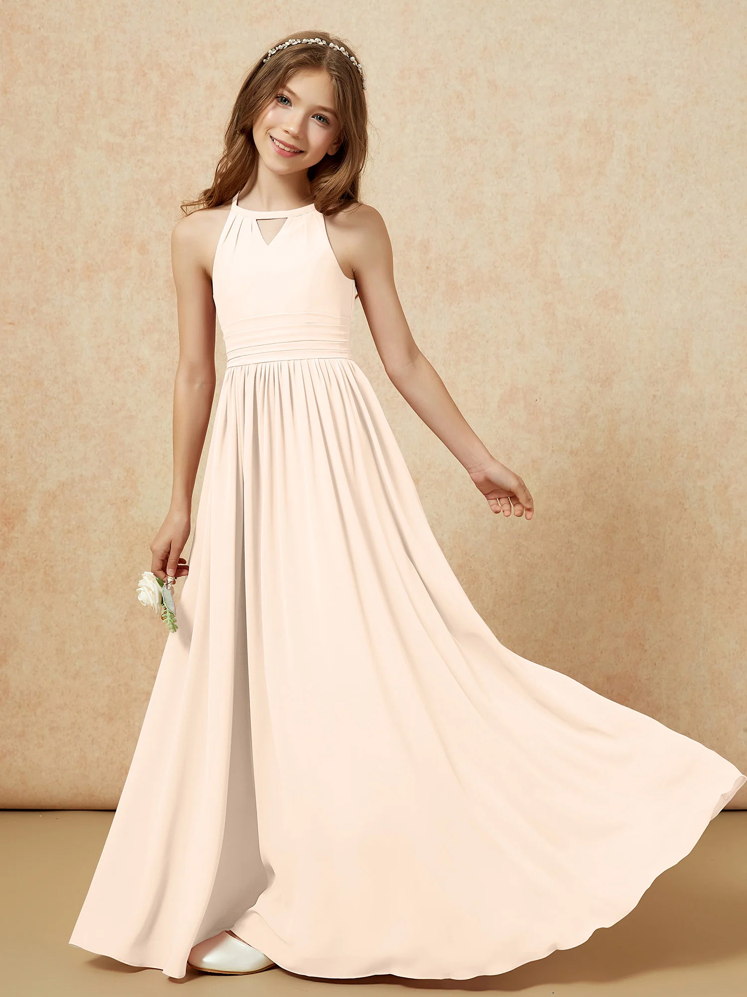 Halter Sleeveless Long Chiffon Junior Bridesmaid Dress Peach - Image 6